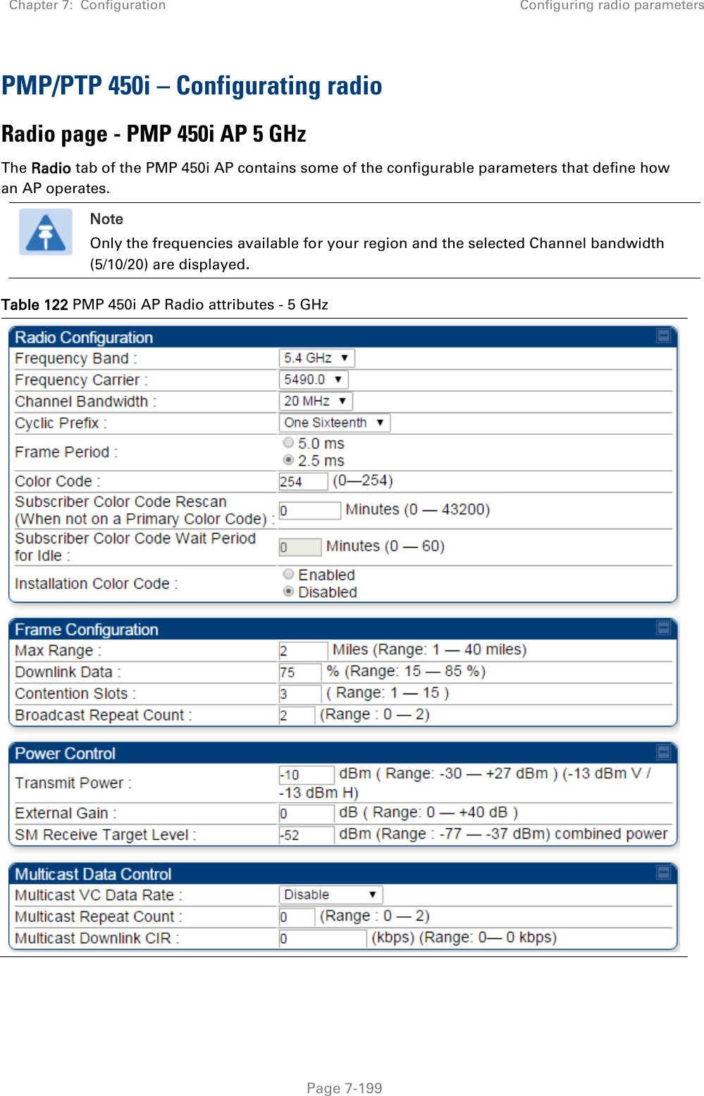 Chapter 7:  Configuration Configuring radio parameters   Page 7-199  PMP/PTP 450i – Configurating radio Radio page - PMP 450i AP 5 GHz The Radio tab of the PMP 450i AP contains some of the configurable parameters that define how an AP operates.   Note Only the frequencies available for your region and the selected Channel bandwidth (5/10/20) are displayed. Table 122 PMP 450i AP Radio attributes - 5 GHz   