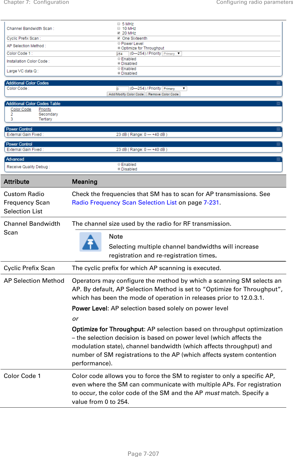 Chapter 7:  Configuration Configuring radio parameters   Page 7-207  Attribute Meaning Custom Radio Frequency Scan Selection List Check the frequencies that SM has to scan for AP transmissions. See Radio Frequency Scan Selection List on page 7-231. Channel Bandwidth Scan The channel size used by the radio for RF transmission.   Note Selecting multiple channel bandwidths will increase registration and re-registration times.  Cyclic Prefix Scan The cyclic prefix for which AP scanning is executed. AP Selection Method Operators may configure the method by which a scanning SM selects an AP. By default, AP Selection Method is set to “Optimize for Throughput”, which has been the mode of operation in releases prior to 12.0.3.1. Power Level: AP selection based solely on power level or Optimize for Throughput: AP selection based on throughput optimization – the selection decision is based on power level (which affects the modulation state), channel bandwidth (which affects throughput) and number of SM registrations to the AP (which affects system contention performance).  Color Code 1 Color code allows you to force the SM to register to only a specific AP, even where the SM can communicate with multiple APs. For registration to occur, the color code of the SM and the AP must match. Specify a value from 0 to 254. 