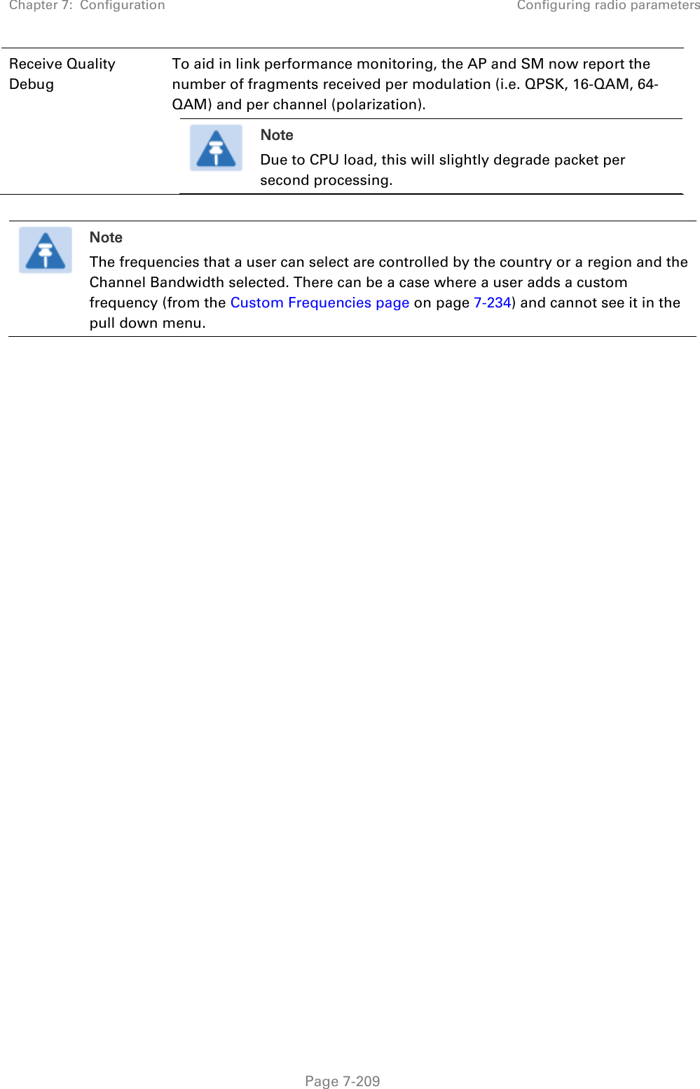 Chapter 7:  Configuration Configuring radio parameters   Page 7-209 Receive Quality Debug To aid in link performance monitoring, the AP and SM now report the number of fragments received per modulation (i.e. QPSK, 16-QAM, 64-QAM) and per channel (polarization).  Note Due to CPU load, this will slightly degrade packet per second processing.    Note The frequencies that a user can select are controlled by the country or a region and the Channel Bandwidth selected. There can be a case where a user adds a custom frequency (from the Custom Frequencies page on page 7-234) and cannot see it in the pull down menu.     