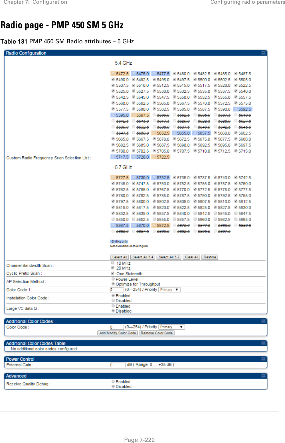 Chapter 7:  Configuration Configuring radio parameters   Page 7-222 Radio page - PMP 450 SM 5 GHz Table 131 PMP 450 SM Radio attributes – 5 GHz  