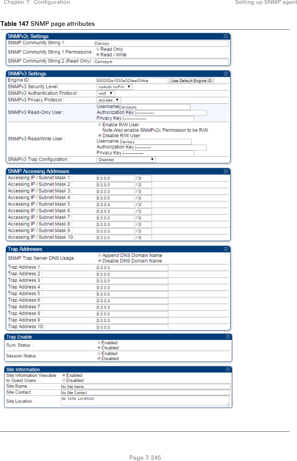 Chapter 7:  Configuration Setting up SNMP agent   Page 7-245 Table 147 SNMP page attributes     