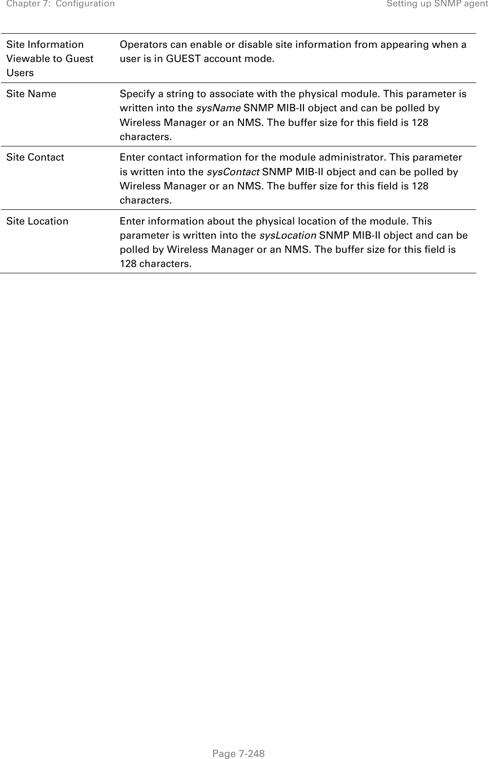 Chapter 7:  Configuration Setting up SNMP agent   Page 7-248 Site Information Viewable to Guest Users Operators can enable or disable site information from appearing when a user is in GUEST account mode.  Site Name Specify a string to associate with the physical module. This parameter is written into the sysName SNMP MIB-II object and can be polled by Wireless Manager or an NMS. The buffer size for this field is 128 characters.  Site Contact Enter contact information for the module administrator. This parameter is written into the sysContact SNMP MIB-II object and can be polled by Wireless Manager or an NMS. The buffer size for this field is 128 characters. Site Location Enter information about the physical location of the module. This parameter is written into the sysLocation SNMP MIB-II object and can be polled by Wireless Manager or an NMS. The buffer size for this field is 128 characters.   