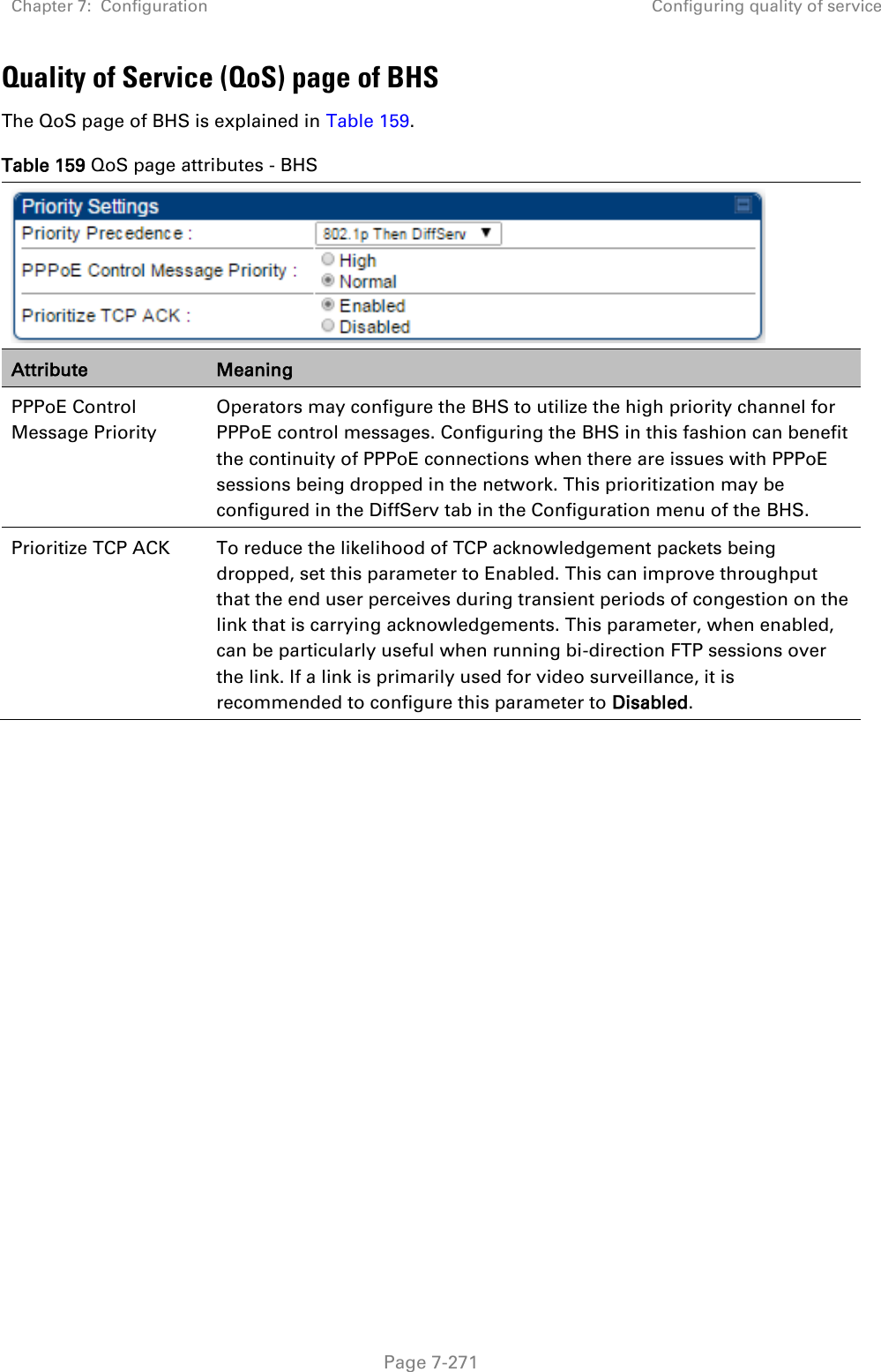 Chapter 7:  Configuration Configuring quality of service   Page 7-271 Quality of Service (QoS) page of BHS The QoS page of BHS is explained in Table 159. Table 159 QoS page attributes - BHS  Attribute Meaning PPPoE Control Message Priority Operators may configure the BHS to utilize the high priority channel for PPPoE control messages. Configuring the BHS in this fashion can benefit the continuity of PPPoE connections when there are issues with PPPoE sessions being dropped in the network. This prioritization may be configured in the DiffServ tab in the Configuration menu of the BHS. Prioritize TCP ACK To reduce the likelihood of TCP acknowledgement packets being dropped, set this parameter to Enabled. This can improve throughput that the end user perceives during transient periods of congestion on the link that is carrying acknowledgements. This parameter, when enabled, can be particularly useful when running bi-direction FTP sessions over the link. If a link is primarily used for video surveillance, it is recommended to configure this parameter to Disabled. 