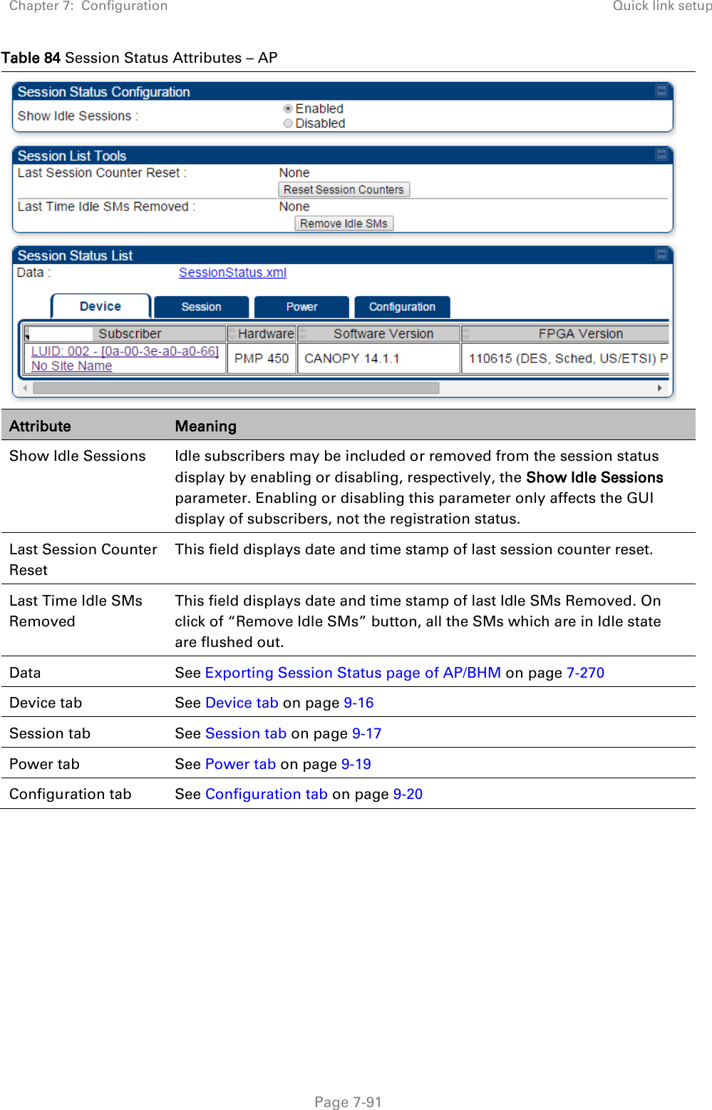 Chapter 7:  Configuration Quick link setup   Page 7-91 Table 84 Session Status Attributes – AP  Attribute Meaning Show Idle Sessions Idle subscribers may be included or removed from the session status display by enabling or disabling, respectively, the Show Idle Sessions parameter. Enabling or disabling this parameter only affects the GUI display of subscribers, not the registration status. Last Session Counter Reset This field displays date and time stamp of last session counter reset. Last Time Idle SMs Removed This field displays date and time stamp of last Idle SMs Removed. On click of “Remove Idle SMs” button, all the SMs which are in Idle state are flushed out. Data See Exporting Session Status page of AP/BHM on page 7-270 Device tab  See Device tab on page 9-16 Session tab See Session tab on page 9-17 Power tab See Power tab on page 9-19 Configuration tab See Configuration tab on page 9-20    