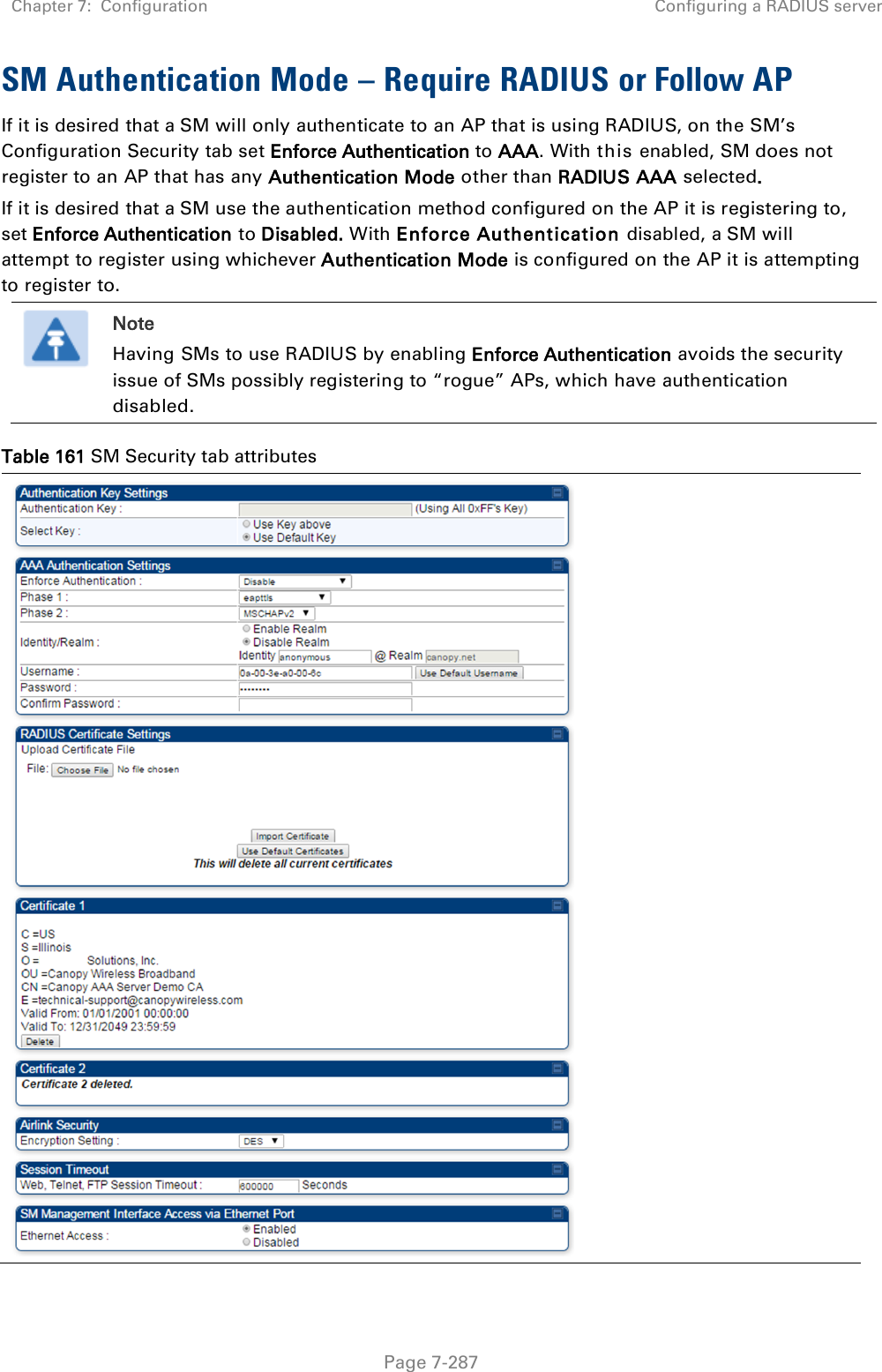 Chapter 7:  Configuration Configuring a RADIUS server   Page 7-287 SM Authentication Mode – Require RADIUS or Follow AP If it is desired that a SM will only authenticate to an AP that is using RADIUS, on the SM’s Configuration Security tab set Enforce Authentication to AAA. With this enabled, SM does not register to an AP that has any Authentication Mode other than RADIUS AAA selected. If it is desired that a SM use the authentication method configured on the AP it is registering to, set Enforce Authentication to Disabled. With Enforce Authentication disabled, a SM will attempt to register using whichever Authentication Mode is configured on the AP it is attempting to register to.  Note Having SMs to use RADIUS by enabling Enforce Authentication avoids the security issue of SMs possibly registering to “rogue” APs, which have authentication disabled. Table 161 SM Security tab attributes  