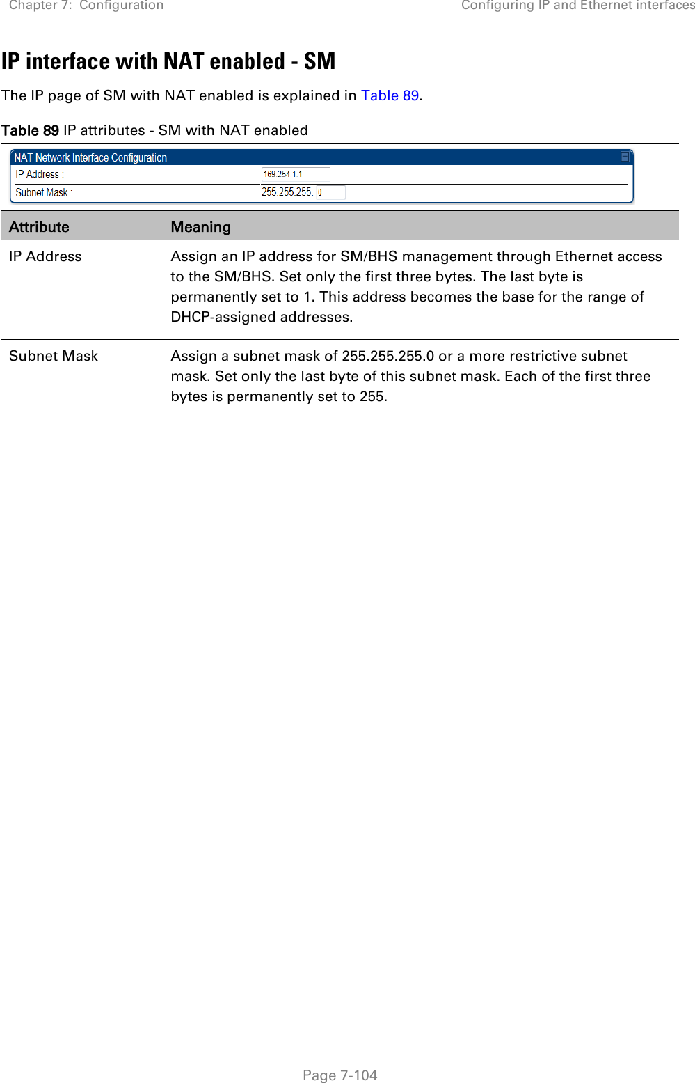 Chapter 7:  Configuration Configuring IP and Ethernet interfaces   Page 7-104 IP interface with NAT enabled - SM The IP page of SM with NAT enabled is explained in Table 89. Table 89 IP attributes - SM with NAT enabled  Attribute Meaning IP Address  Assign an IP address for SM/BHS management through Ethernet access to the SM/BHS. Set only the first three bytes. The last byte is permanently set to 1. This address becomes the base for the range of DHCP-assigned addresses. Subnet Mask  Assign a subnet mask of 255.255.255.0 or a more restrictive subnet mask. Set only the last byte of this subnet mask. Each of the first three bytes is permanently set to 255.  