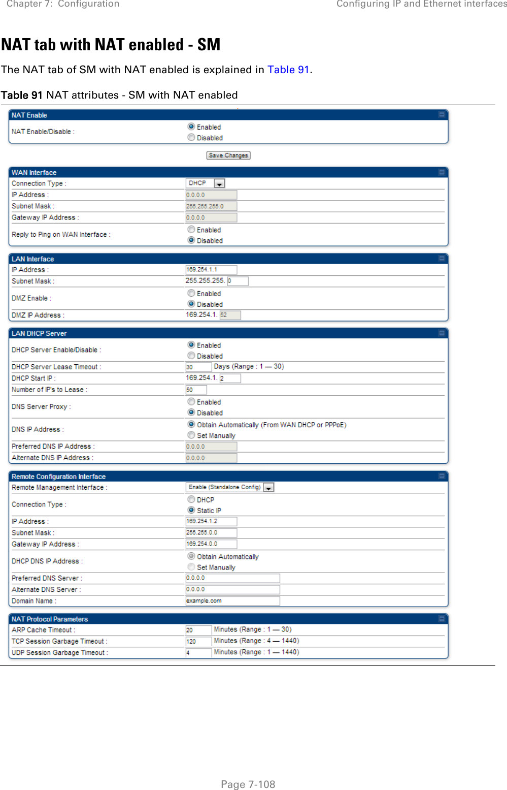 Chapter 7:  Configuration Configuring IP and Ethernet interfaces   Page 7-108 NAT tab with NAT enabled - SM The NAT tab of SM with NAT enabled is explained in Table 91. Table 91 NAT attributes - SM with NAT enabled   