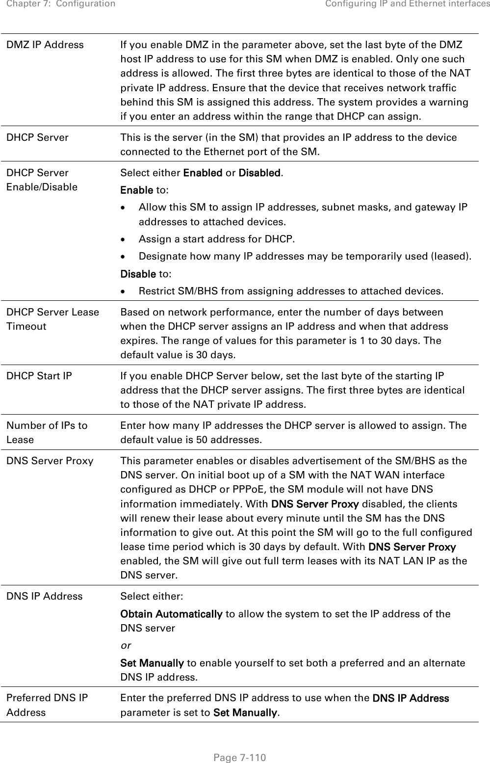 Chapter 7:  Configuration Configuring IP and Ethernet interfaces   Page 7-110 DMZ IP Address If you enable DMZ in the parameter above, set the last byte of the DMZ host IP address to use for this SM when DMZ is enabled. Only one such address is allowed. The first three bytes are identical to those of the NAT private IP address. Ensure that the device that receives network traffic behind this SM is assigned this address. The system provides a warning if you enter an address within the range that DHCP can assign. DHCP Server This is the server (in the SM) that provides an IP address to the device connected to the Ethernet port of the SM.  DHCP Server Enable/Disable  Select either Enabled or Disabled. Enable to:  Allow this SM to assign IP addresses, subnet masks, and gateway IP addresses to attached devices.  Assign a start address for DHCP.  Designate how many IP addresses may be temporarily used (leased). Disable to:  Restrict SM/BHS from assigning addresses to attached devices. DHCP Server Lease Timeout Based on network performance, enter the number of days between when the DHCP server assigns an IP address and when that address expires. The range of values for this parameter is 1 to 30 days. The default value is 30 days. DHCP Start IP If you enable DHCP Server below, set the last byte of the starting IP address that the DHCP server assigns. The first three bytes are identical to those of the NAT private IP address. Number of IPs to Lease Enter how many IP addresses the DHCP server is allowed to assign. The default value is 50 addresses. DNS Server Proxy This parameter enables or disables advertisement of the SM/BHS as the DNS server. On initial boot up of a SM with the NAT WAN interface configured as DHCP or PPPoE, the SM module will not have DNS information immediately. With DNS Server Proxy disabled, the clients will renew their lease about every minute until the SM has the DNS information to give out. At this point the SM will go to the full configured lease time period which is 30 days by default. With DNS Server Proxy enabled, the SM will give out full term leases with its NAT LAN IP as the DNS server. DNS IP Address  Select either: Obtain Automatically to allow the system to set the IP address of the DNS server or Set Manually to enable yourself to set both a preferred and an alternate DNS IP address. Preferred DNS IP Address Enter the preferred DNS IP address to use when the DNS IP Address parameter is set to Set Manually. 