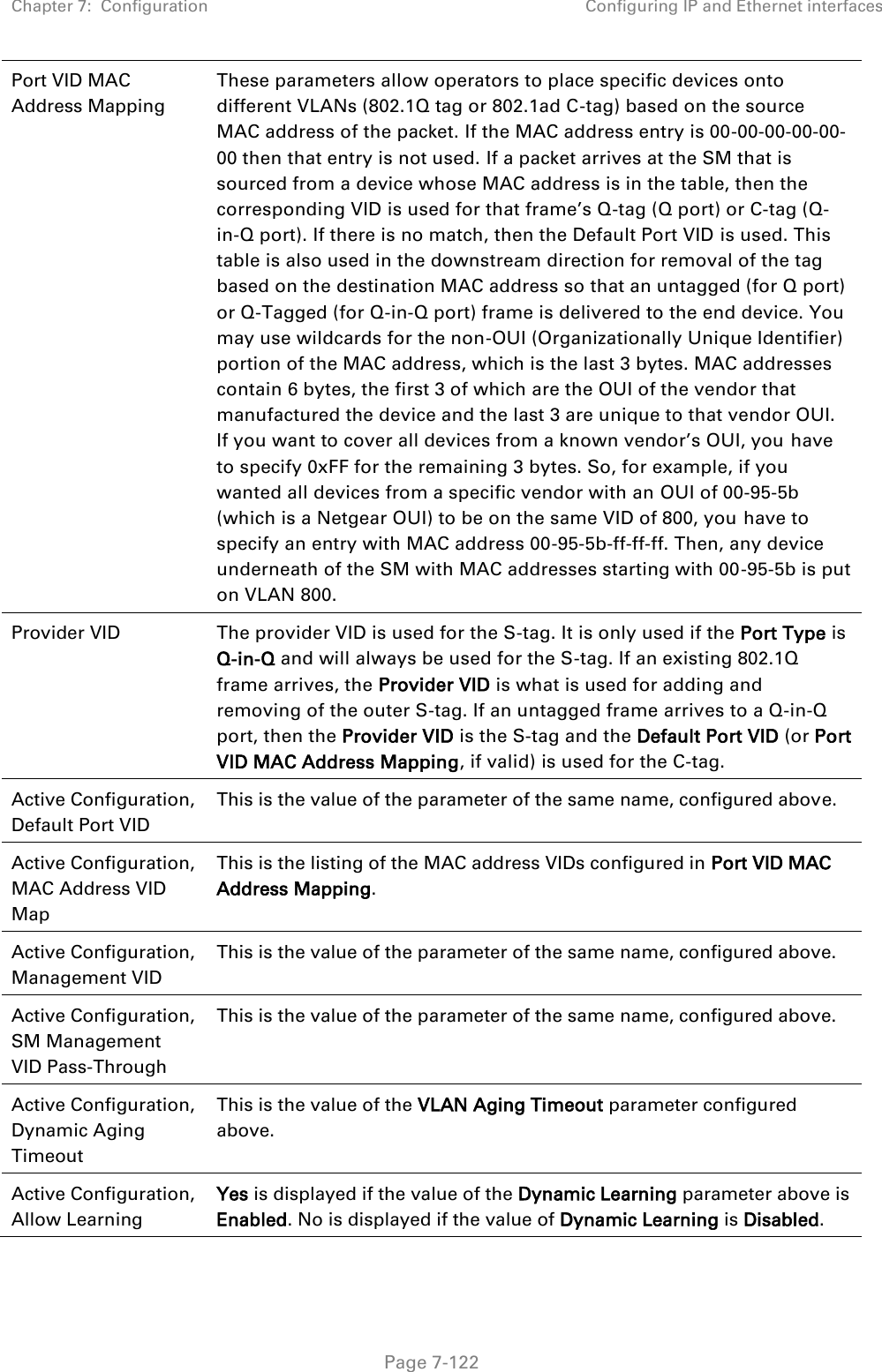 Chapter 7:  Configuration Configuring IP and Ethernet interfaces   Page 7-122 Port VID MAC Address Mapping These parameters allow operators to place specific devices onto different VLANs (802.1Q tag or 802.1ad C-tag) based on the source MAC address of the packet. If the MAC address entry is 00-00-00-00-00-00 then that entry is not used. If a packet arrives at the SM that is sourced from a device whose MAC address is in the table, then the corresponding VID is used for that frame’s Q-tag (Q port) or C-tag (Q-in-Q port). If there is no match, then the Default Port VID is used. This table is also used in the downstream direction for removal of the tag based on the destination MAC address so that an untagged (for Q port) or Q-Tagged (for Q-in-Q port) frame is delivered to the end device. You may use wildcards for the non-OUI (Organizationally Unique Identifier) portion of the MAC address, which is the last 3 bytes. MAC addresses contain 6 bytes, the first 3 of which are the OUI of the vendor that manufactured the device and the last 3 are unique to that vendor OUI. If you want to cover all devices from a known vendor’s OUI, you have to specify 0xFF for the remaining 3 bytes. So, for example, if you wanted all devices from a specific vendor with an OUI of 00-95-5b (which is a Netgear OUI) to be on the same VID of 800, you have to specify an entry with MAC address 00-95-5b-ff-ff-ff. Then, any device underneath of the SM with MAC addresses starting with 00-95-5b is put on VLAN 800. Provider VID The provider VID is used for the S-tag. It is only used if the Port Type is Q-in-Q and will always be used for the S-tag. If an existing 802.1Q frame arrives, the Provider VID is what is used for adding and removing of the outer S-tag. If an untagged frame arrives to a Q-in-Q port, then the Provider VID is the S-tag and the Default Port VID (or Port VID MAC Address Mapping, if valid) is used for the C-tag. Active Configuration, Default Port VID This is the value of the parameter of the same name, configured above. Active Configuration, MAC Address VID Map This is the listing of the MAC address VIDs configured in Port VID MAC Address Mapping. Active Configuration, Management VID This is the value of the parameter of the same name, configured above. Active Configuration, SM Management VID Pass-Through This is the value of the parameter of the same name, configured above. Active Configuration, Dynamic Aging Timeout This is the value of the VLAN Aging Timeout parameter configured above. Active Configuration, Allow Learning Yes is displayed if the value of the Dynamic Learning parameter above is Enabled. No is displayed if the value of Dynamic Learning is Disabled. 