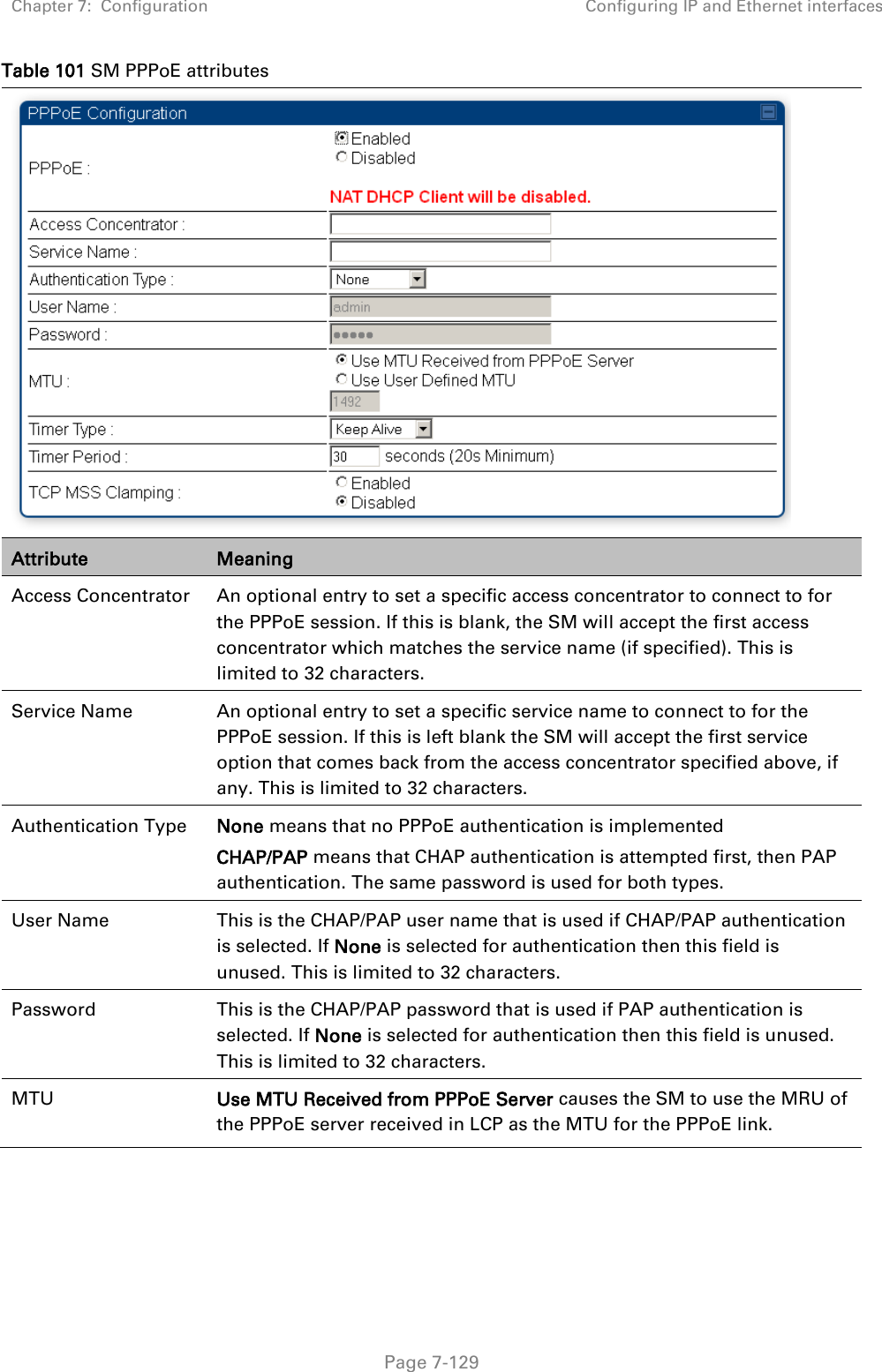 Chapter 7:  Configuration Configuring IP and Ethernet interfaces   Page 7-129 Table 101 SM PPPoE attributes  Attribute Meaning Access Concentrator An optional entry to set a specific access concentrator to connect to for the PPPoE session. If this is blank, the SM will accept the first access concentrator which matches the service name (if specified). This is limited to 32 characters. Service Name An optional entry to set a specific service name to connect to for the PPPoE session. If this is left blank the SM will accept the first service option that comes back from the access concentrator specified above, if any. This is limited to 32 characters. Authentication Type  None means that no PPPoE authentication is implemented CHAP/PAP means that CHAP authentication is attempted first, then PAP authentication. The same password is used for both types. User Name This is the CHAP/PAP user name that is used if CHAP/PAP authentication is selected. If None is selected for authentication then this field is unused. This is limited to 32 characters. Password This is the CHAP/PAP password that is used if PAP authentication is selected. If None is selected for authentication then this field is unused. This is limited to 32 characters. MTU  Use MTU Received from PPPoE Server causes the SM to use the MRU of the PPPoE server received in LCP as the MTU for the PPPoE link. 