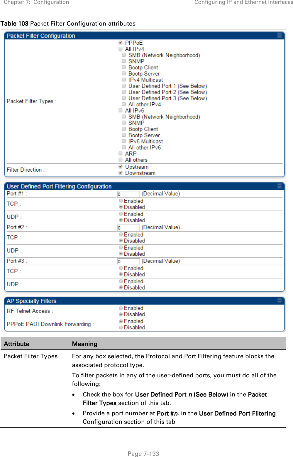 Chapter 7:  Configuration Configuring IP and Ethernet interfaces   Page 7-133 Table 103 Packet Filter Configuration attributes  Attribute Meaning Packet Filter Types  For any box selected, the Protocol and Port Filtering feature blocks the associated protocol type.  To filter packets in any of the user-defined ports, you must do all of the following:  Check the box for User Defined Port n (See Below) in the Packet Filter Types section of this tab.  Provide a port number at Port #n. in the User Defined Port Filtering Configuration section of this tab 