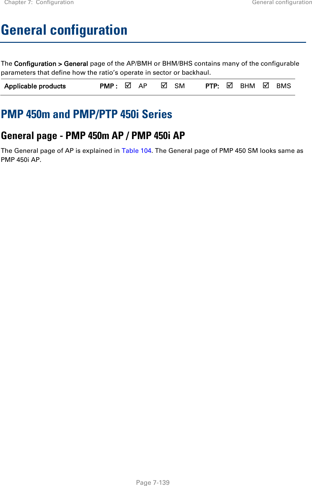 Chapter 7:  Configuration General configuration   Page 7-139 General configuration The Configuration &gt; General page of the AP/BMH or BHM/BHS contains many of the configurable parameters that define how the ratio’s operate in sector or backhaul. Applicable products PMP :  AP  SM PTP:  BHM  BMS PMP 450m and PMP/PTP 450i Series General page - PMP 450m AP / PMP 450i AP  The General page of AP is explained in Table 104. The General page of PMP 450 SM looks same as PMP 450i AP.   