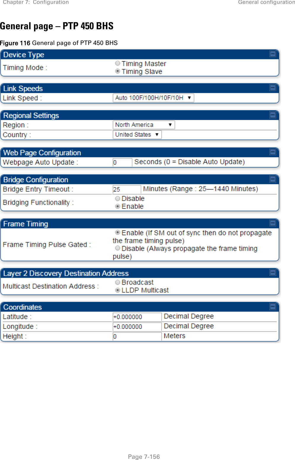 Chapter 7:  Configuration General configuration   Page 7-156 General page – PTP 450 BHS Figure 116 General page of PTP 450 BHS   