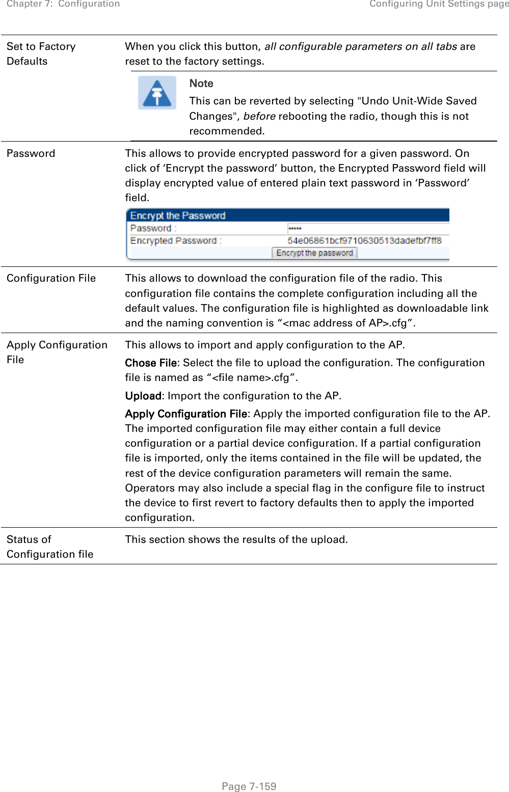 Chapter 7:  Configuration Configuring Unit Settings page   Page 7-159 Set to Factory Defaults When you click this button, all configurable parameters on all tabs are reset to the factory settings.  Note This can be reverted by selecting &quot;Undo Unit-Wide Saved Changes&quot;, before rebooting the radio, though this is not recommended.  Password This allows to provide encrypted password for a given password. On click of ‘Encrypt the password’ button, the Encrypted Password field will display encrypted value of entered plain text password in ‘Password’ field.  Configuration File This allows to download the configuration file of the radio. This configuration file contains the complete configuration including all the default values. The configuration file is highlighted as downloadable link and the naming convention is “&lt;mac address of AP&gt;.cfg”. Apply Configuration File This allows to import and apply configuration to the AP. Chose File: Select the file to upload the configuration. The configuration file is named as “&lt;file name&gt;.cfg”. Upload: Import the configuration to the AP. Apply Configuration File: Apply the imported configuration file to the AP. The imported configuration file may either contain a full device configuration or a partial device configuration. If a partial configuration file is imported, only the items contained in the file will be updated, the rest of the device configuration parameters will remain the same. Operators may also include a special flag in the configure file to instruct the device to first revert to factory defaults then to apply the imported configuration. Status of Configuration file This section shows the results of the upload.     