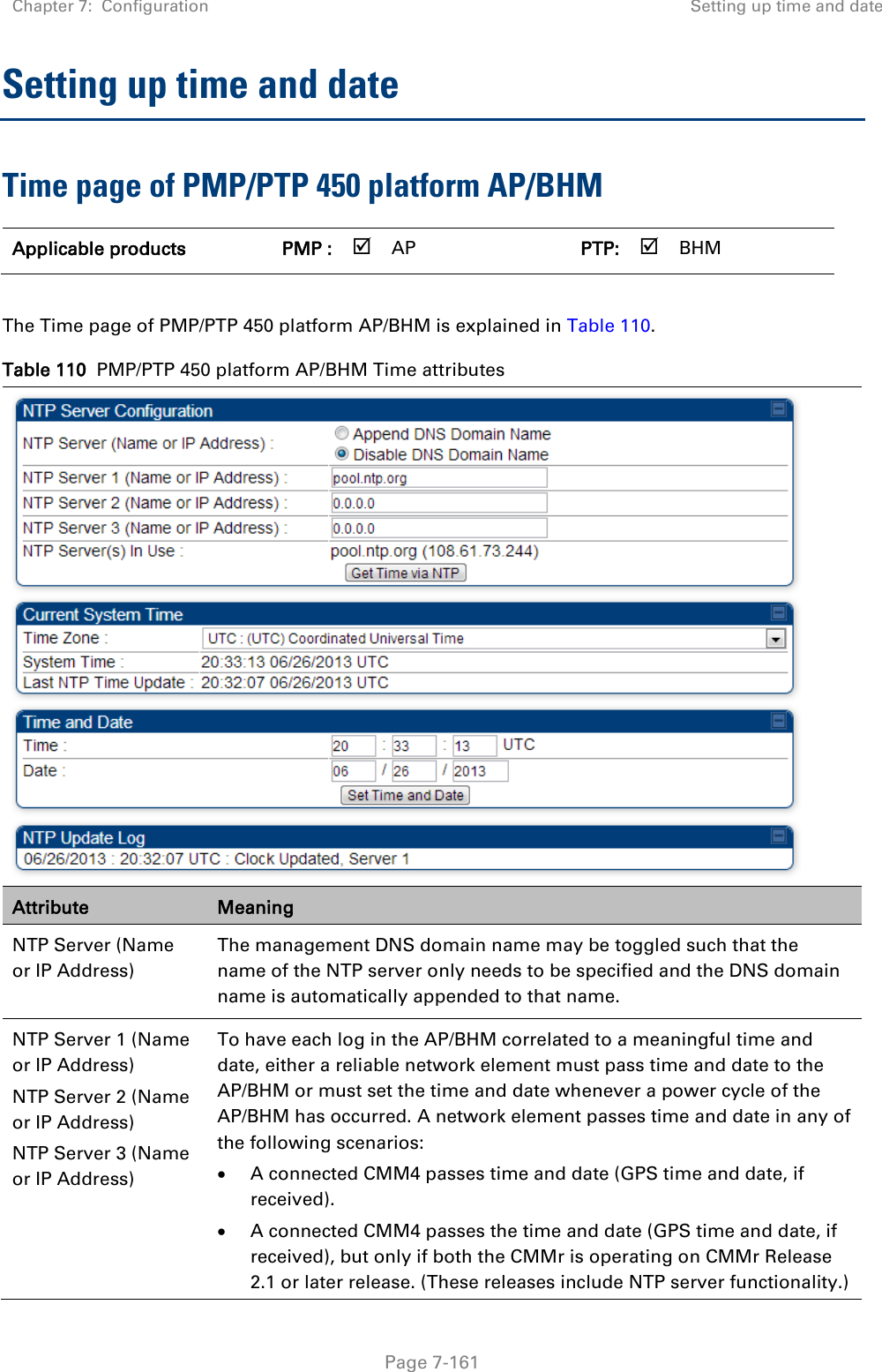 Chapter 7:  Configuration Setting up time and date   Page 7-161 Setting up time and date Time page of PMP/PTP 450 platform AP/BHM Applicable products PMP :  AP   PTP:  BHM    The Time page of PMP/PTP 450 platform AP/BHM is explained in Table 110. Table 110  PMP/PTP 450 platform AP/BHM Time attributes  Attribute Meaning NTP Server (Name or IP Address)  The management DNS domain name may be toggled such that the name of the NTP server only needs to be specified and the DNS domain name is automatically appended to that name. NTP Server 1 (Name or IP Address) NTP Server 2 (Name or IP Address) NTP Server 3 (Name or IP Address) To have each log in the AP/BHM correlated to a meaningful time and date, either a reliable network element must pass time and date to the AP/BHM or must set the time and date whenever a power cycle of the AP/BHM has occurred. A network element passes time and date in any of the following scenarios:  A connected CMM4 passes time and date (GPS time and date, if received).  A connected CMM4 passes the time and date (GPS time and date, if received), but only if both the CMMr is operating on CMMr Release 2.1 or later release. (These releases include NTP server functionality.) 