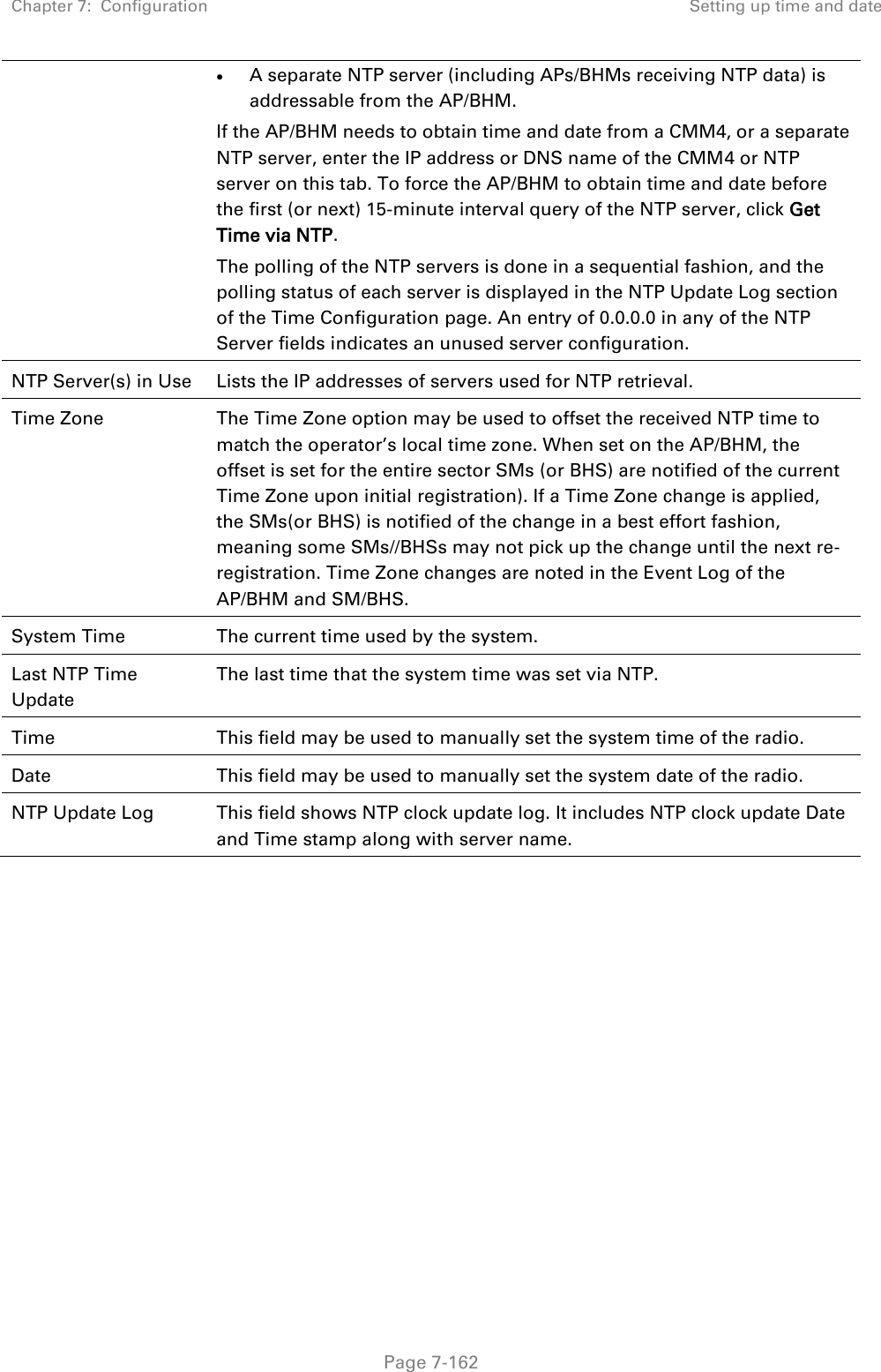 Chapter 7:  Configuration Setting up time and date   Page 7-162  A separate NTP server (including APs/BHMs receiving NTP data) is addressable from the AP/BHM. If the AP/BHM needs to obtain time and date from a CMM4, or a separate NTP server, enter the IP address or DNS name of the CMM4 or NTP server on this tab. To force the AP/BHM to obtain time and date before the first (or next) 15-minute interval query of the NTP server, click Get Time via NTP. The polling of the NTP servers is done in a sequential fashion, and the polling status of each server is displayed in the NTP Update Log section of the Time Configuration page. An entry of 0.0.0.0 in any of the NTP Server fields indicates an unused server configuration.  NTP Server(s) in Use Lists the IP addresses of servers used for NTP retrieval. Time Zone The Time Zone option may be used to offset the received NTP time to match the operator’s local time zone. When set on the AP/BHM, the offset is set for the entire sector SMs (or BHS) are notified of the current Time Zone upon initial registration). If a Time Zone change is applied, the SMs(or BHS) is notified of the change in a best effort fashion, meaning some SMs//BHSs may not pick up the change until the next re-registration. Time Zone changes are noted in the Event Log of the AP/BHM and SM/BHS. System Time The current time used by the system. Last NTP Time Update The last time that the system time was set via NTP. Time This field may be used to manually set the system time of the radio. Date This field may be used to manually set the system date of the radio. NTP Update Log This field shows NTP clock update log. It includes NTP clock update Date and Time stamp along with server name.      