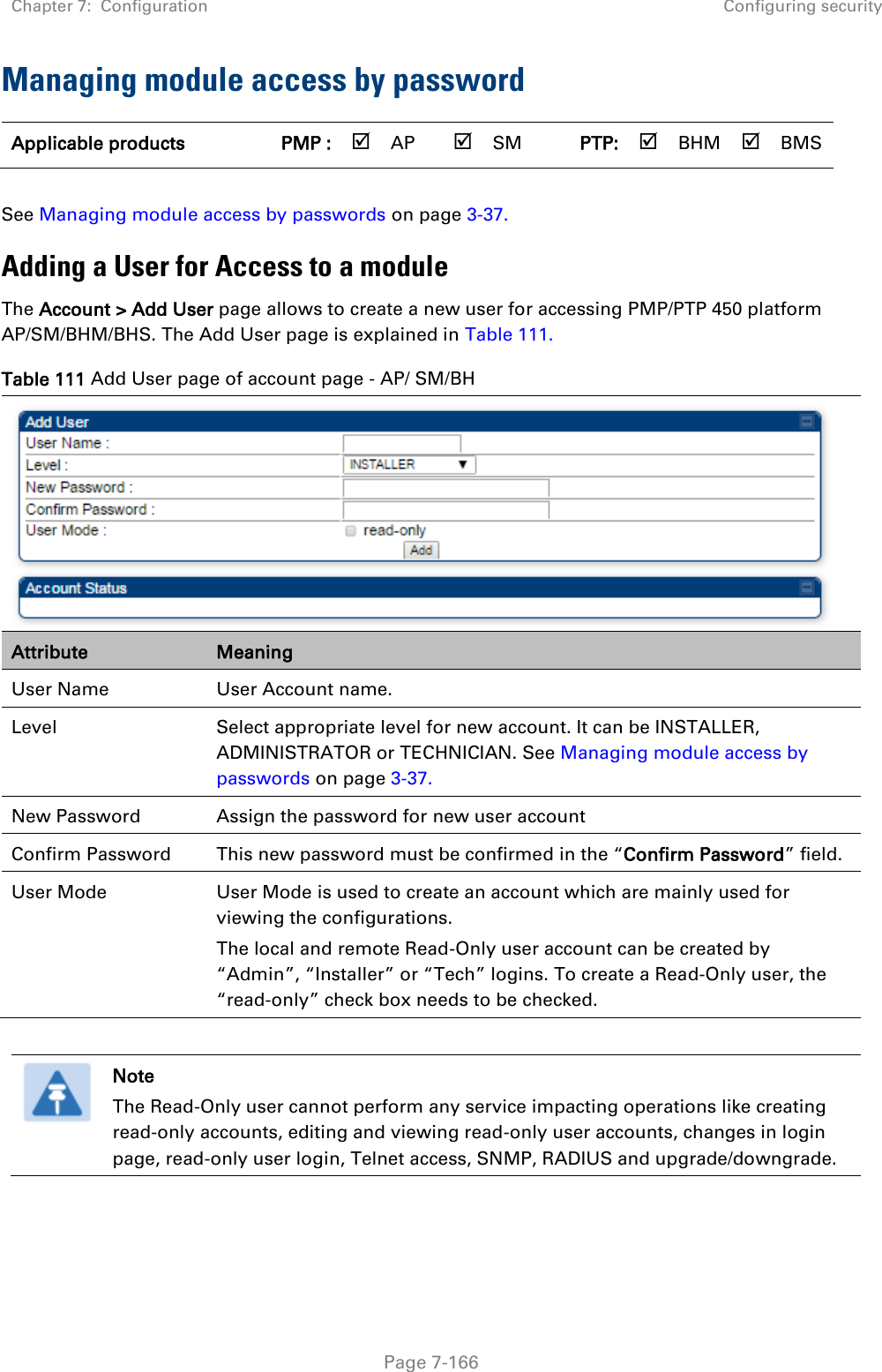 Chapter 7:  Configuration Configuring security   Page 7-166 Managing module access by password Applicable products PMP :  AP  SM PTP:  BHM  BMS  See Managing module access by passwords on page 3-37. Adding a User for Access to a module The Account &gt; Add User page allows to create a new user for accessing PMP/PTP 450 platform AP/SM/BHM/BHS. The Add User page is explained in Table 111. Table 111 Add User page of account page - AP/ SM/BH  Attribute Meaning User Name User Account name. Level Select appropriate level for new account. It can be INSTALLER, ADMINISTRATOR or TECHNICIAN. See Managing module access by passwords on page 3-37. New Password Assign the password for new user account Confirm Password This new password must be confirmed in the “Confirm Password” field. User Mode User Mode is used to create an account which are mainly used for viewing the configurations.  The local and remote Read-Only user account can be created by “Admin”, “Installer” or “Tech” logins. To create a Read-Only user, the “read-only” check box needs to be checked.   Note The Read-Only user cannot perform any service impacting operations like creating read-only accounts, editing and viewing read-only user accounts, changes in login page, read-only user login, Telnet access, SNMP, RADIUS and upgrade/downgrade.  