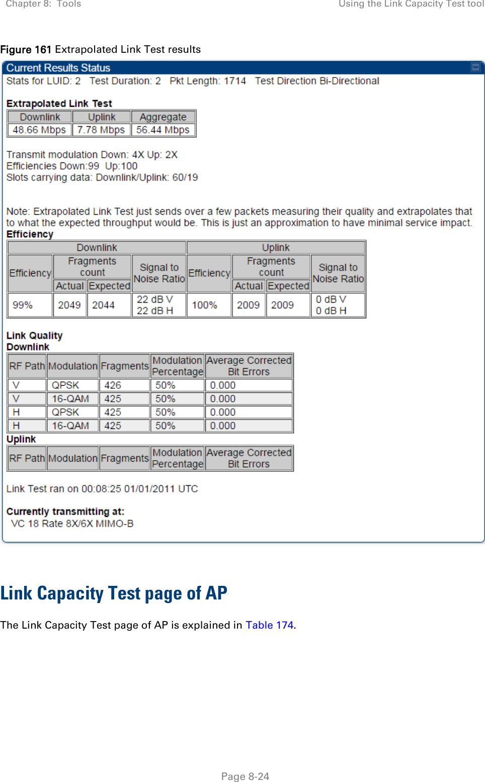 Chapter 8:  Tools Using the Link Capacity Test tool   Page 8-24 Figure 161 Extrapolated Link Test results   Link Capacity Test page of AP The Link Capacity Test page of AP is explained in Table 174. 