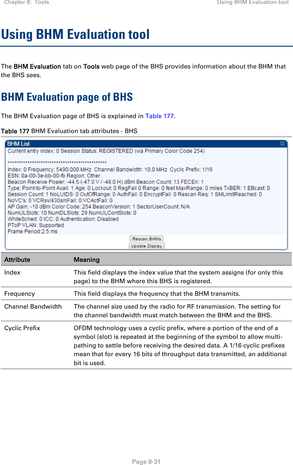 Chapter 8:  Tools Using BHM Evaluation tool   Page 8-31 Using BHM Evaluation tool The BHM Evaluation tab on Tools web page of the BHS provides information about the BHM that the BHS sees. BHM Evaluation page of BHS The BHM Evaluation page of BHS is explained in Table 177. Table 177 BHM Evaluation tab attributes - BHS  Attribute Meaning Index This field displays the index value that the system assigns (for only this page) to the BHM where this BHS is registered. Frequency This field displays the frequency that the BHM transmits. Channel Bandwidth The channel size used by the radio for RF transmission. The setting for the channel bandwidth must match between the BHM and the BHS.  Cyclic Prefix OFDM technology uses a cyclic prefix, where a portion of the end of a symbol (slot) is repeated at the beginning of the symbol to allow multi-pathing to settle before receiving the desired data. A 1/16 cyclic prefixes mean that for every 16 bits of throughput data transmitted, an additional bit is used. 
