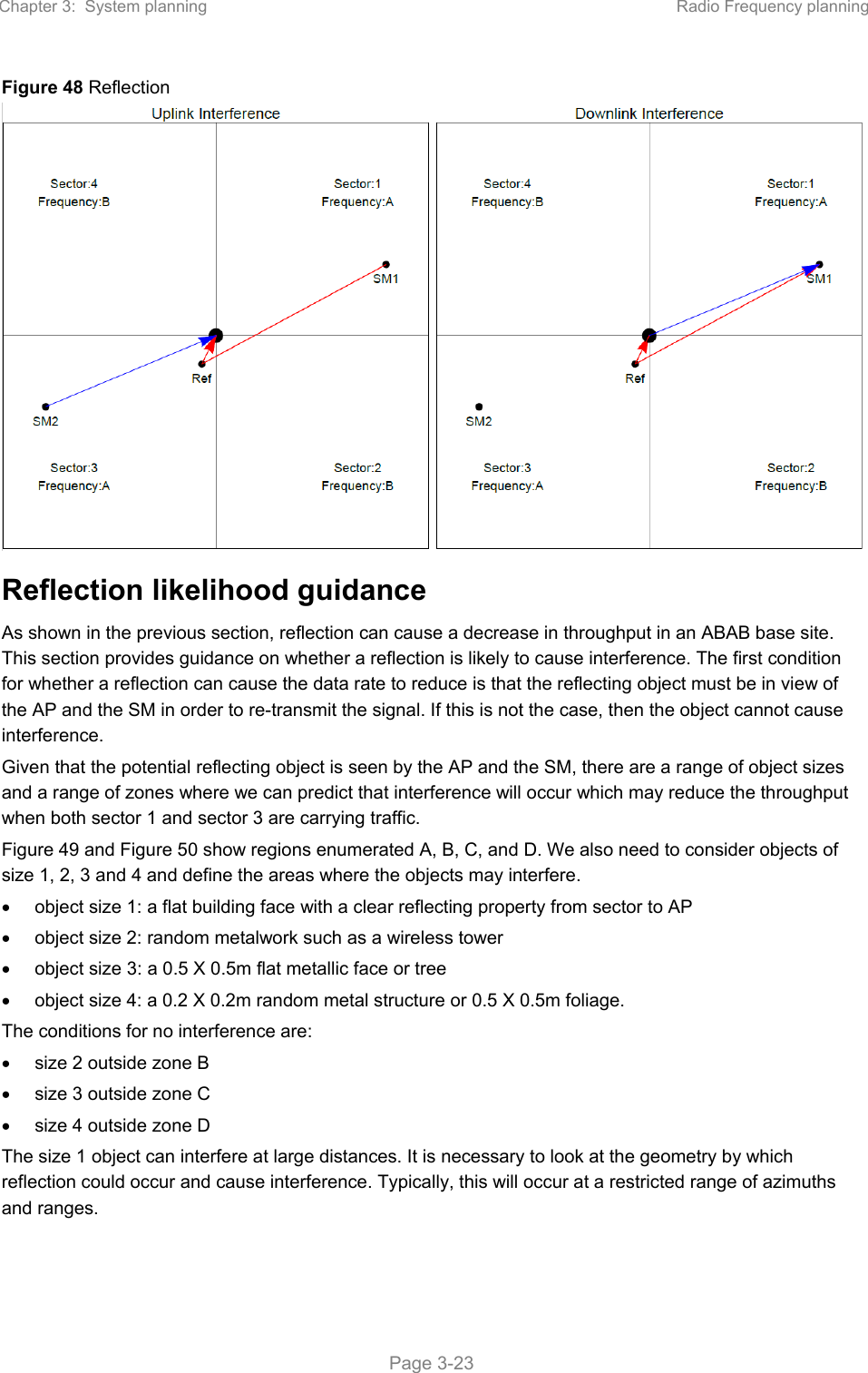 Chapter 3:  System planning  Radio Frequency planning   Page 3-23 Figure 48 Reflection  Reflection likelihood guidance As shown in the previous section, reflection can cause a decrease in throughput in an ABAB base site. This section provides guidance on whether a reflection is likely to cause interference. The first condition for whether a reflection can cause the data rate to reduce is that the reflecting object must be in view of the AP and the SM in order to re-transmit the signal. If this is not the case, then the object cannot cause interference. Given that the potential reflecting object is seen by the AP and the SM, there are a range of object sizes and a range of zones where we can predict that interference will occur which may reduce the throughput when both sector 1 and sector 3 are carrying traffic.  Figure 49 and Figure 50 show regions enumerated A, B, C, and D. We also need to consider objects of size 1, 2, 3 and 4 and define the areas where the objects may interfere.   object size 1: a flat building face with a clear reflecting property from sector to AP   object size 2: random metalwork such as a wireless tower   object size 3: a 0.5 X 0.5m flat metallic face or tree   object size 4: a 0.2 X 0.2m random metal structure or 0.5 X 0.5m foliage. The conditions for no interference are:   size 2 outside zone B   size 3 outside zone C   size 4 outside zone D The size 1 object can interfere at large distances. It is necessary to look at the geometry by which reflection could occur and cause interference. Typically, this will occur at a restricted range of azimuths and ranges.  