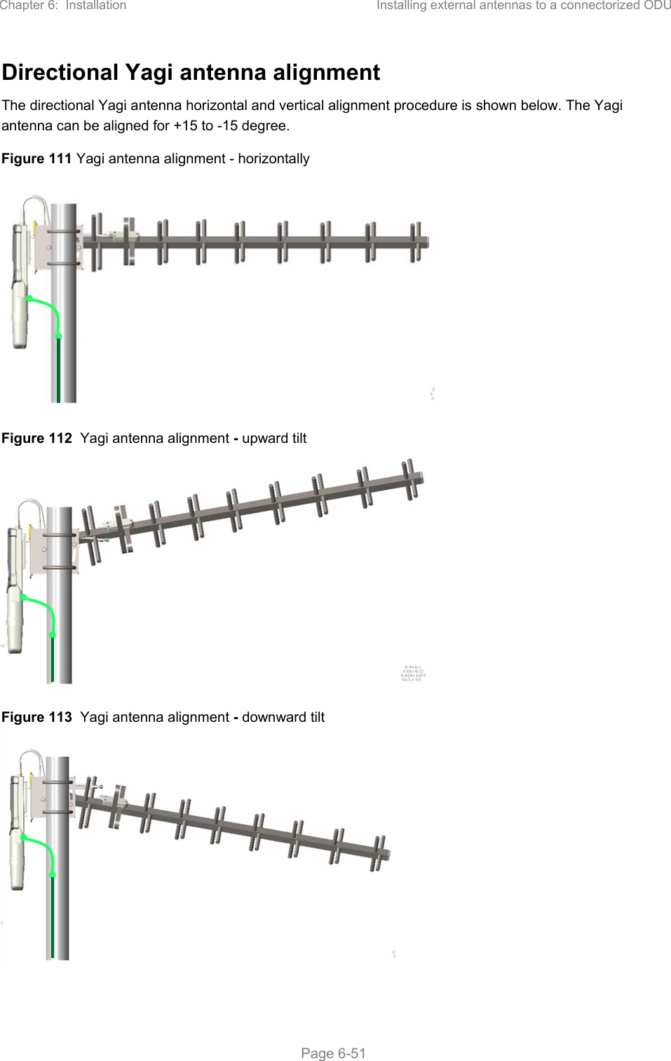 Chapter 6:  Installation  Installing external antennas to a connectorized ODU   Page 6-51 Directional Yagi antenna alignment  The directional Yagi antenna horizontal and vertical alignment procedure is shown below. The Yagi antenna can be aligned for +15 to -15 degree. Figure 111 Yagi antenna alignment - horizontally  Figure 112  Yagi antenna alignment - upward tilt  Figure 113  Yagi antenna alignment - downward tilt  