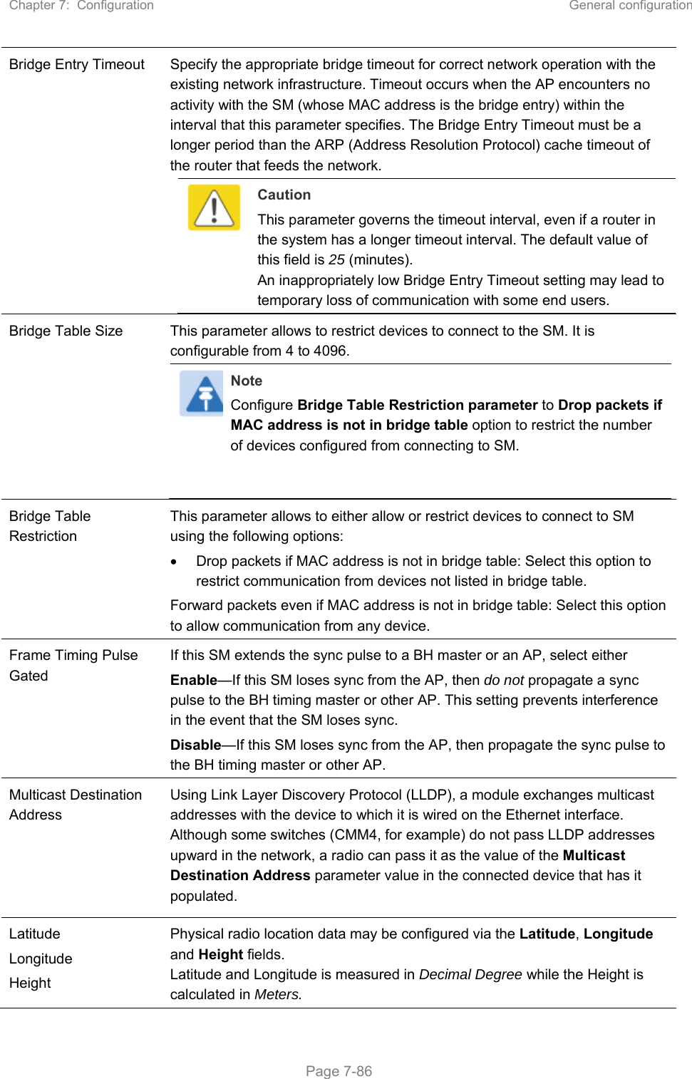 Chapter 7:  Configuration  General configuration   Page 7-86 Bridge Entry Timeout  Specify the appropriate bridge timeout for correct network operation with the existing network infrastructure. Timeout occurs when the AP encounters no activity with the SM (whose MAC address is the bridge entry) within the interval that this parameter specifies. The Bridge Entry Timeout must be a longer period than the ARP (Address Resolution Protocol) cache timeout of the router that feeds the network.  Caution This parameter governs the timeout interval, even if a router in the system has a longer timeout interval. The default value of this field is 25 (minutes). An inappropriately low Bridge Entry Timeout setting may lead to temporary loss of communication with some end users. Bridge Table Size  This parameter allows to restrict devices to connect to the SM. It is configurable from 4 to 4096. Note Configure Bridge Table Restriction parameter to Drop packets if MAC address is not in bridge table option to restrict the number of devices configured from connecting to SM. Bridge Table Restriction This parameter allows to either allow or restrict devices to connect to SM using the following options:   Drop packets if MAC address is not in bridge table: Select this option to restrict communication from devices not listed in bridge table. Forward packets even if MAC address is not in bridge table: Select this option to allow communication from any device. Frame Timing Pulse Gated If this SM extends the sync pulse to a BH master or an AP, select either Enable—If this SM loses sync from the AP, then do not propagate a sync pulse to the BH timing master or other AP. This setting prevents interference in the event that the SM loses sync. Disable—If this SM loses sync from the AP, then propagate the sync pulse to the BH timing master or other AP. Multicast Destination Address Using Link Layer Discovery Protocol (LLDP), a module exchanges multicast addresses with the device to which it is wired on the Ethernet interface. Although some switches (CMM4, for example) do not pass LLDP addresses upward in the network, a radio can pass it as the value of the Multicast Destination Address parameter value in the connected device that has it populated.  Latitude Longitude Height Physical radio location data may be configured via the Latitude, Longitude and Height fields.  Latitude and Longitude is measured in Decimal Degree while the Height is calculated in Meters.  