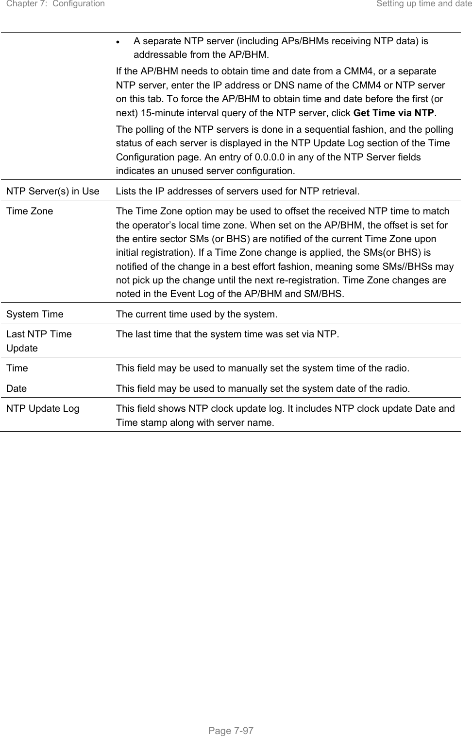 Chapter 7:  Configuration  Setting up time and date   Page 7-97  A separate NTP server (including APs/BHMs receiving NTP data) is addressable from the AP/BHM. If the AP/BHM needs to obtain time and date from a CMM4, or a separate NTP server, enter the IP address or DNS name of the CMM4 or NTP server on this tab. To force the AP/BHM to obtain time and date before the first (or next) 15-minute interval query of the NTP server, click Get Time via NTP. The polling of the NTP servers is done in a sequential fashion, and the polling status of each server is displayed in the NTP Update Log section of the Time Configuration page. An entry of 0.0.0.0 in any of the NTP Server fields indicates an unused server configuration.  NTP Server(s) in Use  Lists the IP addresses of servers used for NTP retrieval. Time Zone  The Time Zone option may be used to offset the received NTP time to match the operator’s local time zone. When set on the AP/BHM, the offset is set for the entire sector SMs (or BHS) are notified of the current Time Zone upon initial registration). If a Time Zone change is applied, the SMs(or BHS) is notified of the change in a best effort fashion, meaning some SMs//BHSs may not pick up the change until the next re-registration. Time Zone changes are noted in the Event Log of the AP/BHM and SM/BHS. System Time  The current time used by the system. Last NTP Time Update The last time that the system time was set via NTP. Time  This field may be used to manually set the system time of the radio. Date  This field may be used to manually set the system date of the radio. NTP Update Log  This field shows NTP clock update log. It includes NTP clock update Date and Time stamp along with server name.      