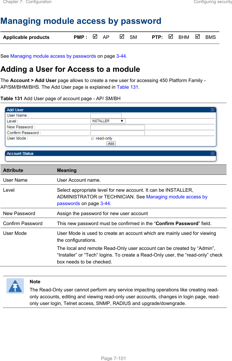 Chapter 7:  Configuration  Configuring security   Page 7-101 Managing module access by password Applicable products  PMP :  AP  SM  PTP: BHM   BMS  See Managing module access by passwords on page 3-44. Adding a User for Access to a module The Account &gt; Add User page allows to create a new user for accessing 450 Platform Family - AP/SM/BHM/BHS. The Add User page is explained in Table 131. Table 131 Add User page of account page - AP/ SM/BH  Attribute  Meaning User Name  User Account name. Level  Select appropriate level for new account. It can be INSTALLER, ADMINISTRATOR or TECHNICIAN. See Managing module access by passwords on page 3-44. New Password  Assign the password for new user account Confirm Password  This new password must be confirmed in the “Confirm Password” field. User Mode  User Mode is used to create an account which are mainly used for viewing the configurations.  The local and remote Read-Only user account can be created by “Admin”, “Installer” or “Tech” logins. To create a Read-Only user, the “read-only” check box needs to be checked.   Note The Read-Only user cannot perform any service impacting operations like creating read-only accounts, editing and viewing read-only user accounts, changes in login page, read-only user login, Telnet access, SNMP, RADIUS and upgrade/downgrade.  