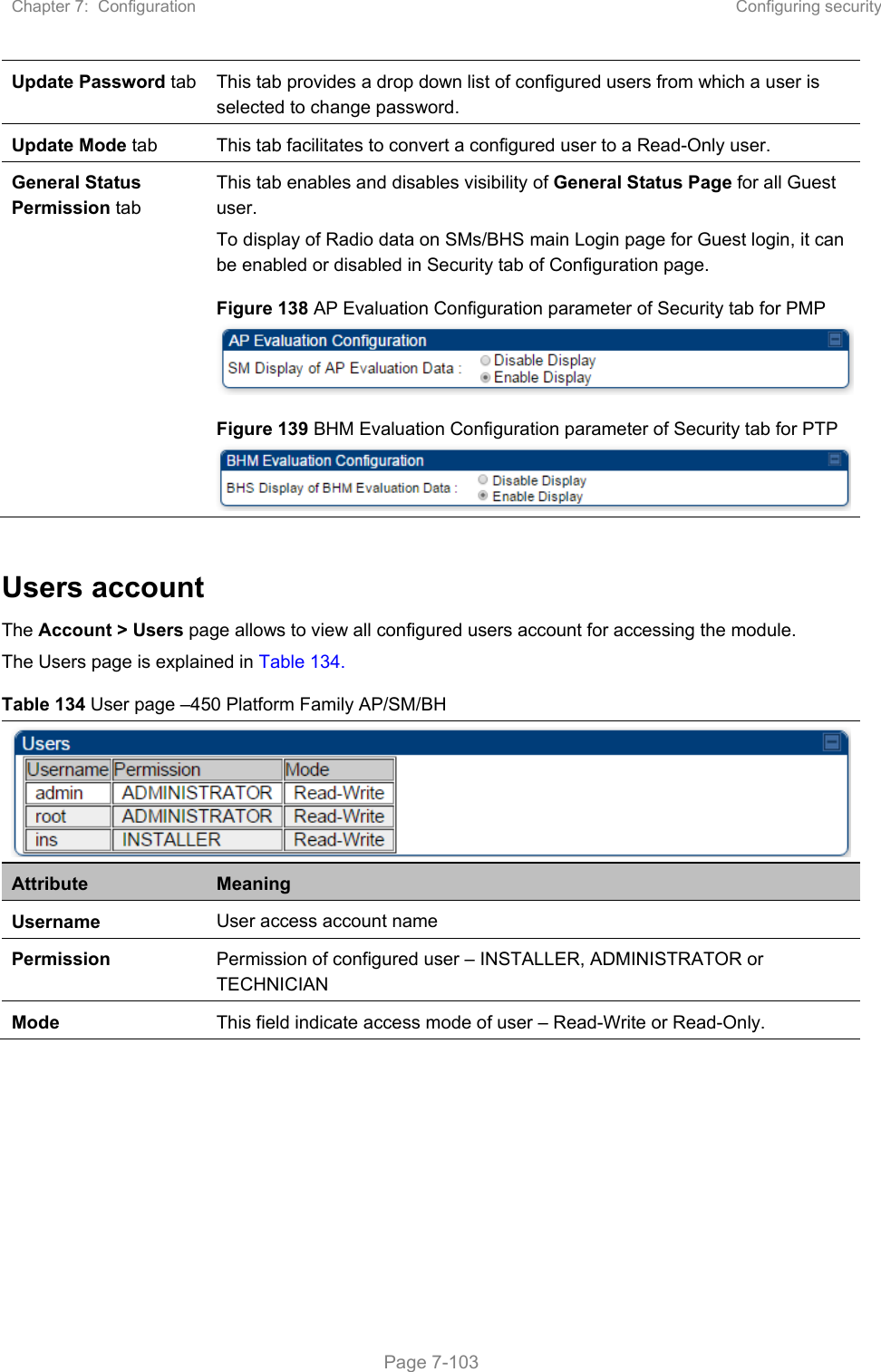 Chapter 7:  Configuration  Configuring security   Page 7-103 Update Password tab  This tab provides a drop down list of configured users from which a user is selected to change password.  Update Mode tab This tab facilitates to convert a configured user to a Read-Only user. General Status Permission tab This tab enables and disables visibility of General Status Page for all Guest user.  To display of Radio data on SMs/BHS main Login page for Guest login, it can be enabled or disabled in Security tab of Configuration page. Figure 138 AP Evaluation Configuration parameter of Security tab for PMP Figure 139 BHM Evaluation Configuration parameter of Security tab for PTP   Users account The Account &gt; Users page allows to view all configured users account for accessing the module.  The Users page is explained in Table 134. Table 134 User page –450 Platform Family AP/SM/BH Attribute  Meaning Username User access account name Permission  Permission of configured user – INSTALLER, ADMINISTRATOR or TECHNICIAN Mode  This field indicate access mode of user – Read-Write or Read-Only.     