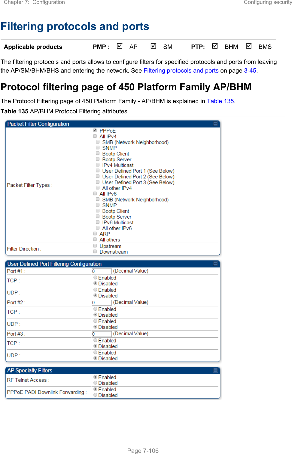 Chapter 7:  Configuration  Configuring security   Page 7-106 Filtering protocols and ports Applicable products  PMP :  AP  SM  PTP: BHM   BMS The filtering protocols and ports allows to configure filters for specified protocols and ports from leaving the AP/SM/BHM/BHS and entering the network. See Filtering protocols and ports on page 3-45. Protocol filtering page of 450 Platform Family AP/BHM The Protocol Filtering page of 450 Platform Family - AP/BHM is explained in Table 135. Table 135 AP/BHM Protocol Filtering attributes  