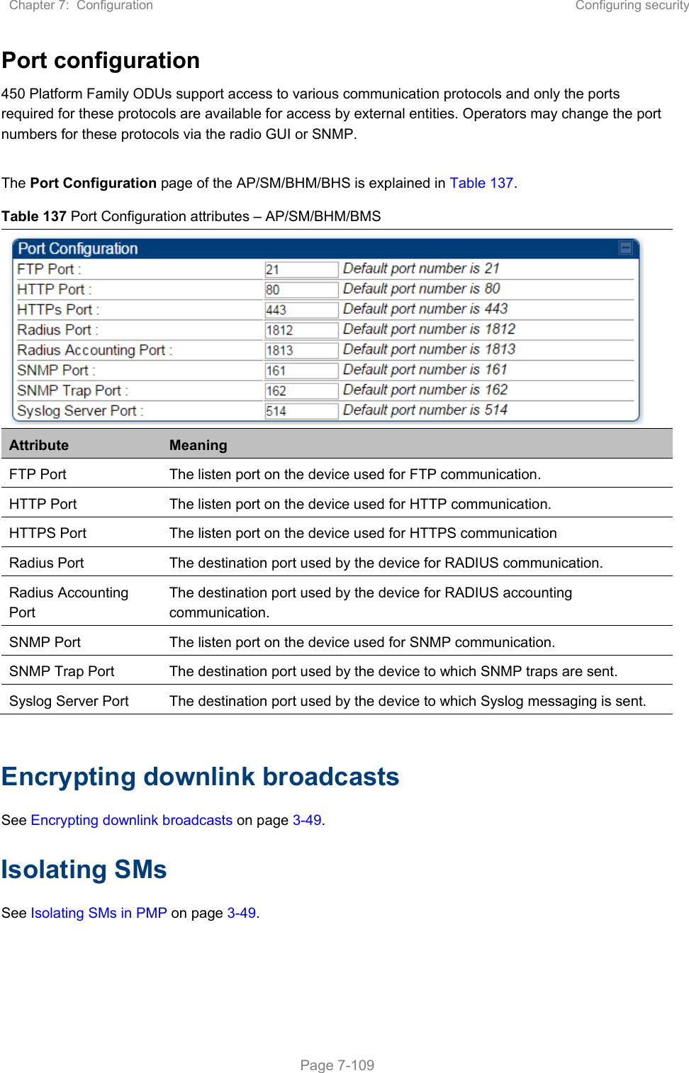 Chapter 7:  Configuration  Configuring security   Page 7-109 Port configuration  450 Platform Family ODUs support access to various communication protocols and only the ports required for these protocols are available for access by external entities. Operators may change the port numbers for these protocols via the radio GUI or SNMP.  The Port Configuration page of the AP/SM/BHM/BHS is explained in Table 137. Table 137 Port Configuration attributes – AP/SM/BHM/BMS  Attribute  Meaning FTP Port  The listen port on the device used for FTP communication. HTTP Port  The listen port on the device used for HTTP communication. HTTPS Port  The listen port on the device used for HTTPS communication Radius Port  The destination port used by the device for RADIUS communication. Radius Accounting Port The destination port used by the device for RADIUS accounting communication. SNMP Port  The listen port on the device used for SNMP communication. SNMP Trap Port  The destination port used by the device to which SNMP traps are sent. Syslog Server Port  The destination port used by the device to which Syslog messaging is sent.  Encrypting downlink broadcasts See Encrypting downlink broadcasts on page 3-49. Isolating SMs See Isolating SMs in PMP on page 3-49.   