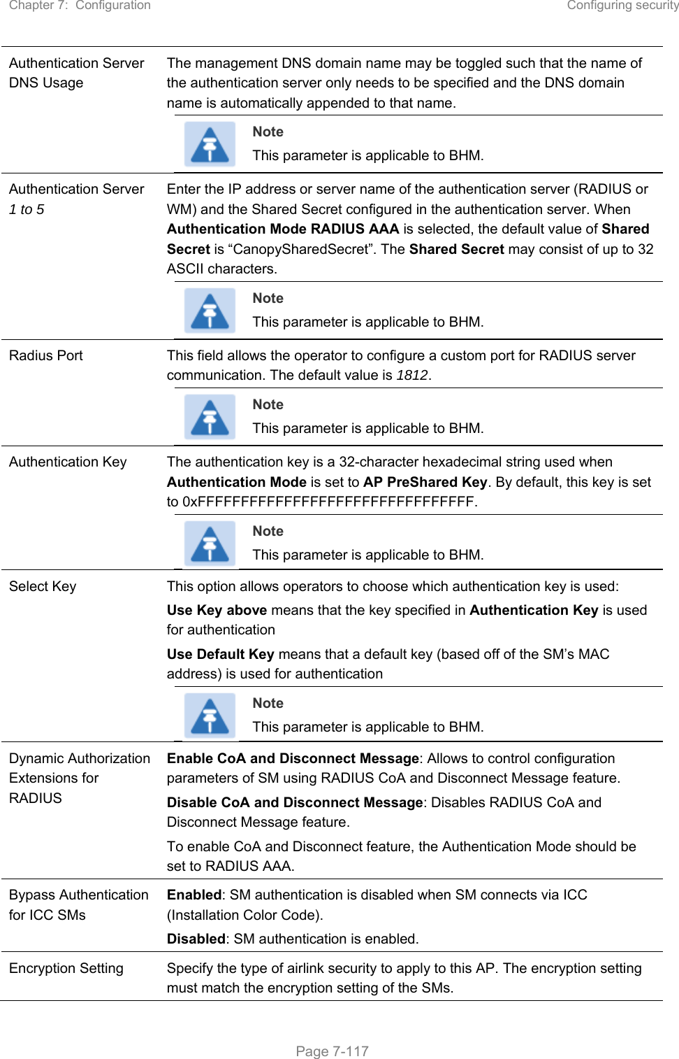 Chapter 7:  Configuration  Configuring security   Page 7-117 Authentication Server DNS Usage The management DNS domain name may be toggled such that the name of the authentication server only needs to be specified and the DNS domain name is automatically appended to that name.  Note This parameter is applicable to BHM. Authentication Server 1 to 5 Enter the IP address or server name of the authentication server (RADIUS or WM) and the Shared Secret configured in the authentication server. When Authentication Mode RADIUS AAA is selected, the default value of Shared Secret is “CanopySharedSecret”. The Shared Secret may consist of up to 32 ASCII characters.  Note This parameter is applicable to BHM. Radius Port  This field allows the operator to configure a custom port for RADIUS server communication. The default value is 1812.  Note This parameter is applicable to BHM. Authentication Key  The authentication key is a 32-character hexadecimal string used when Authentication Mode is set to AP PreShared Key. By default, this key is set to 0xFFFFFFFFFFFFFFFFFFFFFFFFFFFFFFFF.  Note This parameter is applicable to BHM. Select Key  This option allows operators to choose which authentication key is used: Use Key above means that the key specified in Authentication Key is used for authentication Use Default Key means that a default key (based off of the SM’s MAC address) is used for authentication  Note This parameter is applicable to BHM. Dynamic Authorization Extensions for RADIUS Enable CoA and Disconnect Message: Allows to control configuration parameters of SM using RADIUS CoA and Disconnect Message feature. Disable CoA and Disconnect Message: Disables RADIUS CoA and Disconnect Message feature. To enable CoA and Disconnect feature, the Authentication Mode should be set to RADIUS AAA. Bypass Authentication for ICC SMs Enabled: SM authentication is disabled when SM connects via ICC (Installation Color Code). Disabled: SM authentication is enabled. Encryption Setting  Specify the type of airlink security to apply to this AP. The encryption setting must match the encryption setting of the SMs. 