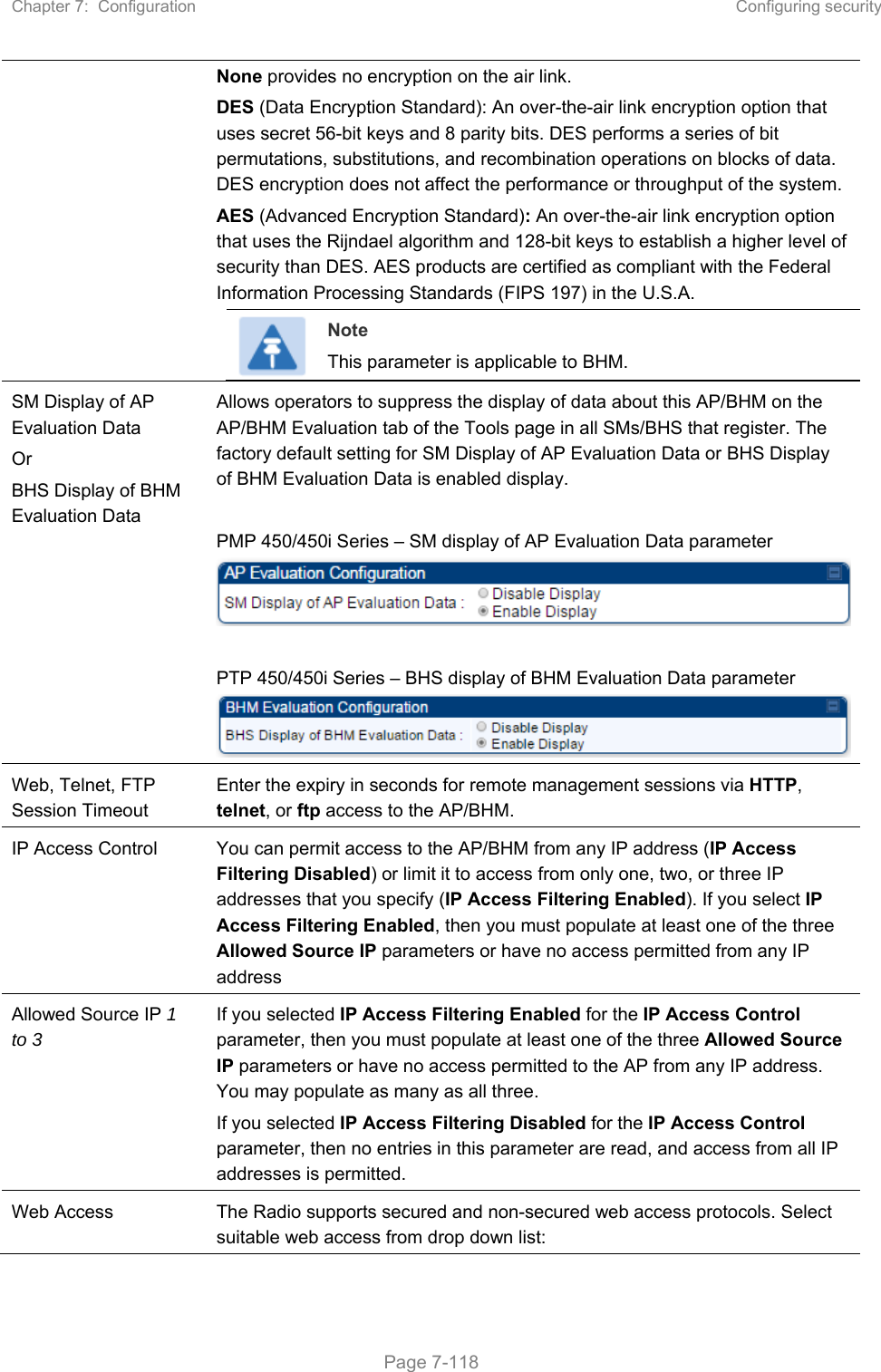 Chapter 7:  Configuration  Configuring security   Page 7-118  None provides no encryption on the air link.  DES (Data Encryption Standard): An over-the-air link encryption option that uses secret 56-bit keys and 8 parity bits. DES performs a series of bit permutations, substitutions, and recombination operations on blocks of data. DES encryption does not affect the performance or throughput of the system. AES (Advanced Encryption Standard): An over-the-air link encryption option that uses the Rijndael algorithm and 128-bit keys to establish a higher level of security than DES. AES products are certified as compliant with the Federal Information Processing Standards (FIPS 197) in the U.S.A.  Note This parameter is applicable to BHM. SM Display of AP Evaluation Data Or  BHS Display of BHM Evaluation Data Allows operators to suppress the display of data about this AP/BHM on the AP/BHM Evaluation tab of the Tools page in all SMs/BHS that register. The factory default setting for SM Display of AP Evaluation Data or BHS Display of BHM Evaluation Data is enabled display.  PMP 450/450i Series – SM display of AP Evaluation Data parameter  PTP 450/450i Series – BHS display of BHM Evaluation Data parameter Web, Telnet, FTP Session Timeout Enter the expiry in seconds for remote management sessions via HTTP, telnet, or ftp access to the AP/BHM. IP Access Control  You can permit access to the AP/BHM from any IP address (IP Access Filtering Disabled) or limit it to access from only one, two, or three IP addresses that you specify (IP Access Filtering Enabled). If you select IP Access Filtering Enabled, then you must populate at least one of the three Allowed Source IP parameters or have no access permitted from any IP address Allowed Source IP 1 to 3  If you selected IP Access Filtering Enabled for the IP Access Control parameter, then you must populate at least one of the three Allowed Source IP parameters or have no access permitted to the AP from any IP address. You may populate as many as all three. If you selected IP Access Filtering Disabled for the IP Access Control parameter, then no entries in this parameter are read, and access from all IP addresses is permitted. Web Access  The Radio supports secured and non-secured web access protocols. Select suitable web access from drop down list: 