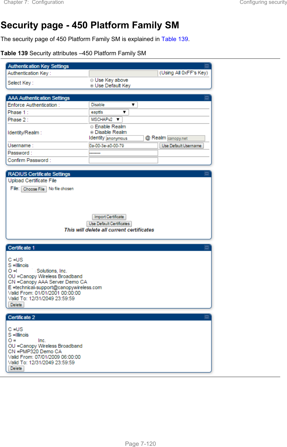 Chapter 7:  Configuration  Configuring security   Page 7-120 Security page - 450 Platform Family SM The security page of 450 Platform Family SM is explained in Table 139. Table 139 Security attributes –450 Platform Family SM  