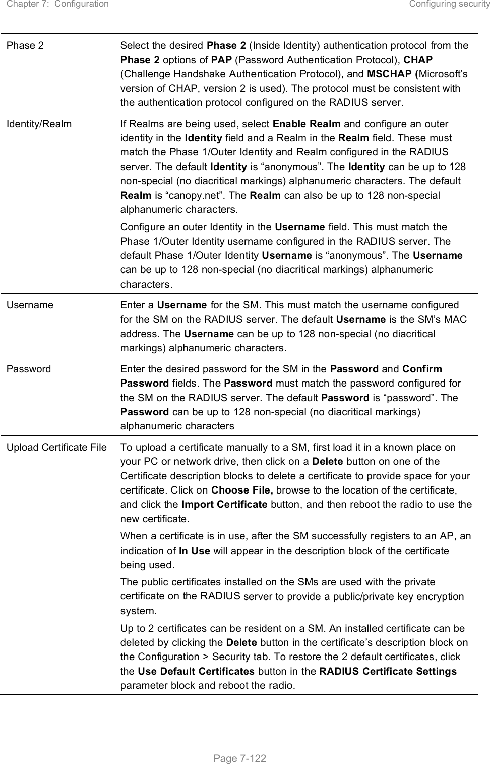 Chapter 7:  Configuration  Configuring security   Page 7-122 Phase 2  Select the desired Phase 2 (Inside Identity) authentication protocol from the Phase 2 options of PAP (Password Authentication Protocol), CHAP (Challenge Handshake Authentication Protocol), and MSCHAP (Microsoft’s version of CHAP, version 2 is used). The protocol must be consistent with the authentication protocol configured on the RADIUS server. Identity/Realm  If Realms are being used, select Enable Realm and configure an outer identity in the Identity field and a Realm in the Realm field. These must match the Phase 1/Outer Identity and Realm configured in the RADIUS server. The default Identity is “anonymous”. The Identity can be up to 128 non-special (no diacritical markings) alphanumeric characters. The default Realm is “canopy.net”. The Realm can also be up to 128 non-special alphanumeric characters. Configure an outer Identity in the Username field. This must match the Phase 1/Outer Identity username configured in the RADIUS server. The default Phase 1/Outer Identity Username is “anonymous”. The Username can be up to 128 non-special (no diacritical markings) alphanumeric characters. Username  Enter a Username for the SM. This must match the username configured for the SM on the RADIUS server. The default Username is the SM’s MAC address. The Username can be up to 128 non-special (no diacritical markings) alphanumeric characters. Password  Enter the desired password for the SM in the Password and Confirm Password fields. The Password must match the password configured for the SM on the RADIUS server. The default Password is “password”. The Password can be up to 128 non-special (no diacritical markings) alphanumeric characters Upload Certificate File  To upload a certificate manually to a SM, first load it in a known place on your PC or network drive, then click on a Delete button on one of the Certificate description blocks to delete a certificate to provide space for your certificate. Click on Choose File, browse to the location of the certificate, and click the Import Certificate button, and then reboot the radio to use the new certificate. When a certificate is in use, after the SM successfully registers to an AP, an indication of In Use will appear in the description block of the certificate being used. The public certificates installed on the SMs are used with the private certificate on the RADIUS server to provide a public/private key encryption system. Up to 2 certificates can be resident on a SM. An installed certificate can be deleted by clicking the Delete button in the certificate’s description block on the Configuration &gt; Security tab. To restore the 2 default certificates, click the Use Default Certificates button in the RADIUS Certificate Settings parameter block and reboot the radio. 