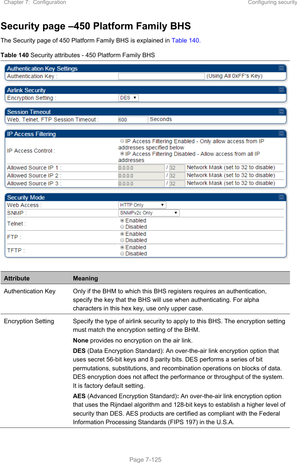 Chapter 7:  Configuration  Configuring security   Page 7-125 Security page –450 Platform Family BHS The Security page of 450 Platform Family BHS is explained in Table 140. Table 140 Security attributes - 450 Platform Family BHS  Attribute  Meaning Authentication Key  Only if the BHM to which this BHS registers requires an authentication, specify the key that the BHS will use when authenticating. For alpha characters in this hex key, use only upper case. Encryption Setting  Specify the type of airlink security to apply to this BHS. The encryption setting must match the encryption setting of the BHM. None provides no encryption on the air link.  DES (Data Encryption Standard): An over-the-air link encryption option that uses secret 56-bit keys and 8 parity bits. DES performs a series of bit permutations, substitutions, and recombination operations on blocks of data. DES encryption does not affect the performance or throughput of the system. It is factory default setting. AES (Advanced Encryption Standard): An over-the-air link encryption option that uses the Rijndael algorithm and 128-bit keys to establish a higher level of security than DES. AES products are certified as compliant with the Federal Information Processing Standards (FIPS 197) in the U.S.A. 