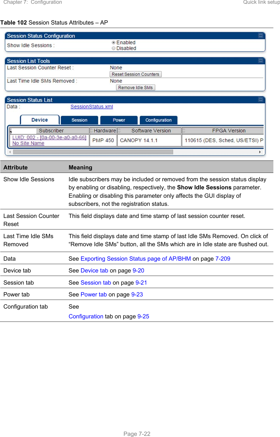 Chapter 7:  Configuration  Quick link setup   Page 7-22 Table 102 Session Status Attributes – AP  Attribute  Meaning Show Idle Sessions  Idle subscribers may be included or removed from the session status display by enabling or disabling, respectively, the Show Idle Sessions parameter. Enabling or disabling this parameter only affects the GUI display of subscribers, not the registration status. Last Session Counter Reset This field displays date and time stamp of last session counter reset. Last Time Idle SMs Removed This field displays date and time stamp of last Idle SMs Removed. On click of “Remove Idle SMs” button, all the SMs which are in Idle state are flushed out. Data  See Exporting Session Status page of AP/BHM on page 7-209 Device tab   See Device tab on page 9-20 Session tab  See Session tab on page 9-21 Power tab  See Power tab on page 9-23 Configuration tab  See  Configuration tab on page 9-25    