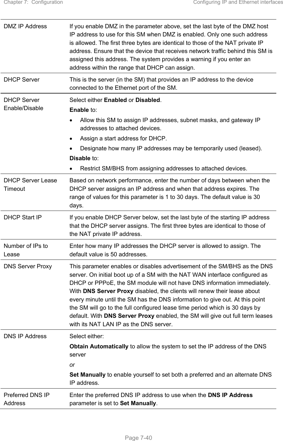 Chapter 7:  Configuration  Configuring IP and Ethernet interfaces   Page 7-40 DMZ IP Address  If you enable DMZ in the parameter above, set the last byte of the DMZ host IP address to use for this SM when DMZ is enabled. Only one such address is allowed. The first three bytes are identical to those of the NAT private IP address. Ensure that the device that receives network traffic behind this SM is assigned this address. The system provides a warning if you enter an address within the range that DHCP can assign. DHCP Server  This is the server (in the SM) that provides an IP address to the device connected to the Ethernet port of the SM.  DHCP Server Enable/Disable  Select either Enabled or Disabled. Enable to:   Allow this SM to assign IP addresses, subnet masks, and gateway IP addresses to attached devices.   Assign a start address for DHCP.   Designate how many IP addresses may be temporarily used (leased). Disable to:   Restrict SM/BHS from assigning addresses to attached devices. DHCP Server Lease Timeout Based on network performance, enter the number of days between when the DHCP server assigns an IP address and when that address expires. The range of values for this parameter is 1 to 30 days. The default value is 30 days. DHCP Start IP  If you enable DHCP Server below, set the last byte of the starting IP address that the DHCP server assigns. The first three bytes are identical to those of the NAT private IP address. Number of IPs to Lease Enter how many IP addresses the DHCP server is allowed to assign. The default value is 50 addresses. DNS Server Proxy  This parameter enables or disables advertisement of the SM/BHS as the DNS server. On initial boot up of a SM with the NAT WAN interface configured as DHCP or PPPoE, the SM module will not have DNS information immediately. With DNS Server Proxy disabled, the clients will renew their lease about every minute until the SM has the DNS information to give out. At this point the SM will go to the full configured lease time period which is 30 days by default. With DNS Server Proxy enabled, the SM will give out full term leases with its NAT LAN IP as the DNS server. DNS IP Address  Select either: Obtain Automatically to allow the system to set the IP address of the DNS server or Set Manually to enable yourself to set both a preferred and an alternate DNS IP address. Preferred DNS IP Address Enter the preferred DNS IP address to use when the DNS IP Address parameter is set to Set Manually. 