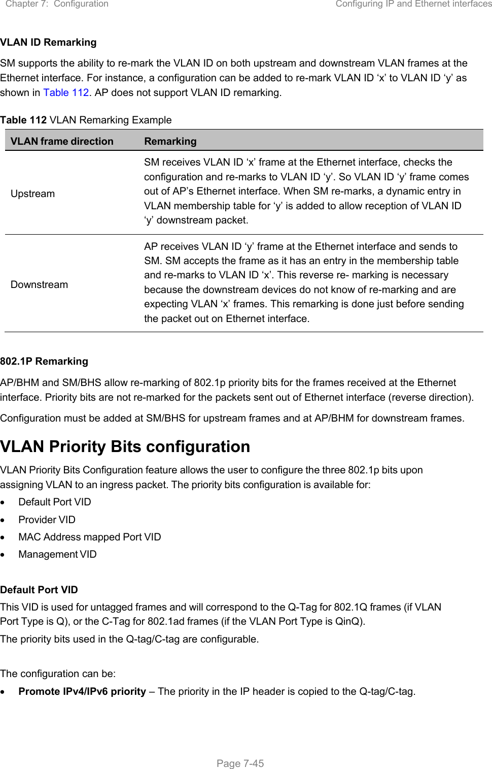 Chapter 7:  Configuration  Configuring IP and Ethernet interfaces   Page 7-45 VLAN ID Remarking SM supports the ability to re-mark the VLAN ID on both upstream and downstream VLAN frames at the Ethernet interface. For instance, a configuration can be added to re-mark VLAN ID ‘x’ to VLAN ID ‘y’ as shown in Table 112. AP does not support VLAN ID remarking. Table 112 VLAN Remarking Example VLAN frame direction Remarking Upstream SM receives VLAN ID ‘x’ frame at the Ethernet interface, checks the configuration and re-marks to VLAN ID ‘y’. So VLAN ID ‘y’ frame comes out of AP’s Ethernet interface. When SM re-marks, a dynamic entry in VLAN membership table for ‘y’ is added to allow reception of VLAN ID ‘y’ downstream packet. Downstream AP receives VLAN ID ‘y’ frame at the Ethernet interface and sends to SM. SM accepts the frame as it has an entry in the membership table and re-marks to VLAN ID ‘x’. This reverse re- marking is necessary because the downstream devices do not know of re-marking and are expecting VLAN ‘x’ frames. This remarking is done just before sending the packet out on Ethernet interface.  802.1P Remarking AP/BHM and SM/BHS allow re-marking of 802.1p priority bits for the frames received at the Ethernet interface. Priority bits are not re-marked for the packets sent out of Ethernet interface (reverse direction). Configuration must be added at SM/BHS for upstream frames and at AP/BHM for downstream frames. VLAN Priority Bits configuration VLAN Priority Bits Configuration feature allows the user to configure the three 802.1p bits upon assigning VLAN to an ingress packet. The priority bits configuration is available for:   Default Port VID   Provider VID   MAC Address mapped Port VID   Management VID  Default Port VID This VID is used for untagged frames and will correspond to the Q-Tag for 802.1Q frames (if VLAN Port Type is Q), or the C-Tag for 802.1ad frames (if the VLAN Port Type is QinQ). The priority bits used in the Q-tag/C-tag are configurable.   The configuration can be:  Promote IPv4/IPv6 priority – The priority in the IP header is copied to the Q-tag/C-tag. 