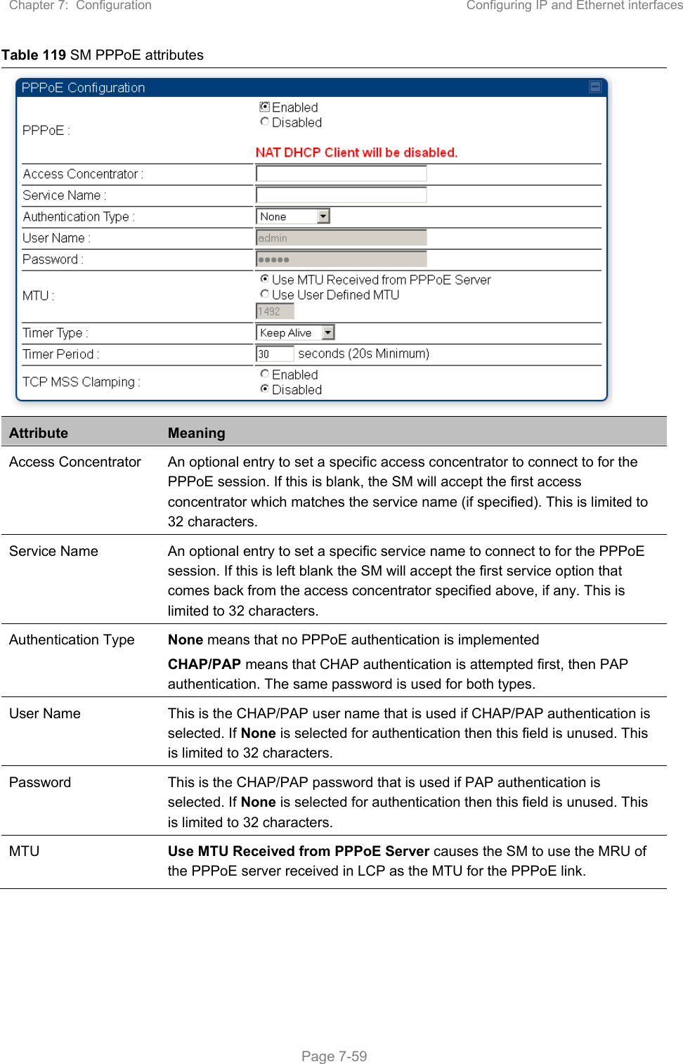 Chapter 7:  Configuration  Configuring IP and Ethernet interfaces   Page 7-59 Table 119 SM PPPoE attributes  Attribute  Meaning Access Concentrator  An optional entry to set a specific access concentrator to connect to for the PPPoE session. If this is blank, the SM will accept the first access concentrator which matches the service name (if specified). This is limited to 32 characters. Service Name  An optional entry to set a specific service name to connect to for the PPPoE session. If this is left blank the SM will accept the first service option that comes back from the access concentrator specified above, if any. This is limited to 32 characters. Authentication Type  None means that no PPPoE authentication is implemented CHAP/PAP means that CHAP authentication is attempted first, then PAP authentication. The same password is used for both types. User Name  This is the CHAP/PAP user name that is used if CHAP/PAP authentication is selected. If None is selected for authentication then this field is unused. This is limited to 32 characters. Password  This is the CHAP/PAP password that is used if PAP authentication is selected. If None is selected for authentication then this field is unused. This is limited to 32 characters. MTU  Use MTU Received from PPPoE Server causes the SM to use the MRU of the PPPoE server received in LCP as the MTU for the PPPoE link. 