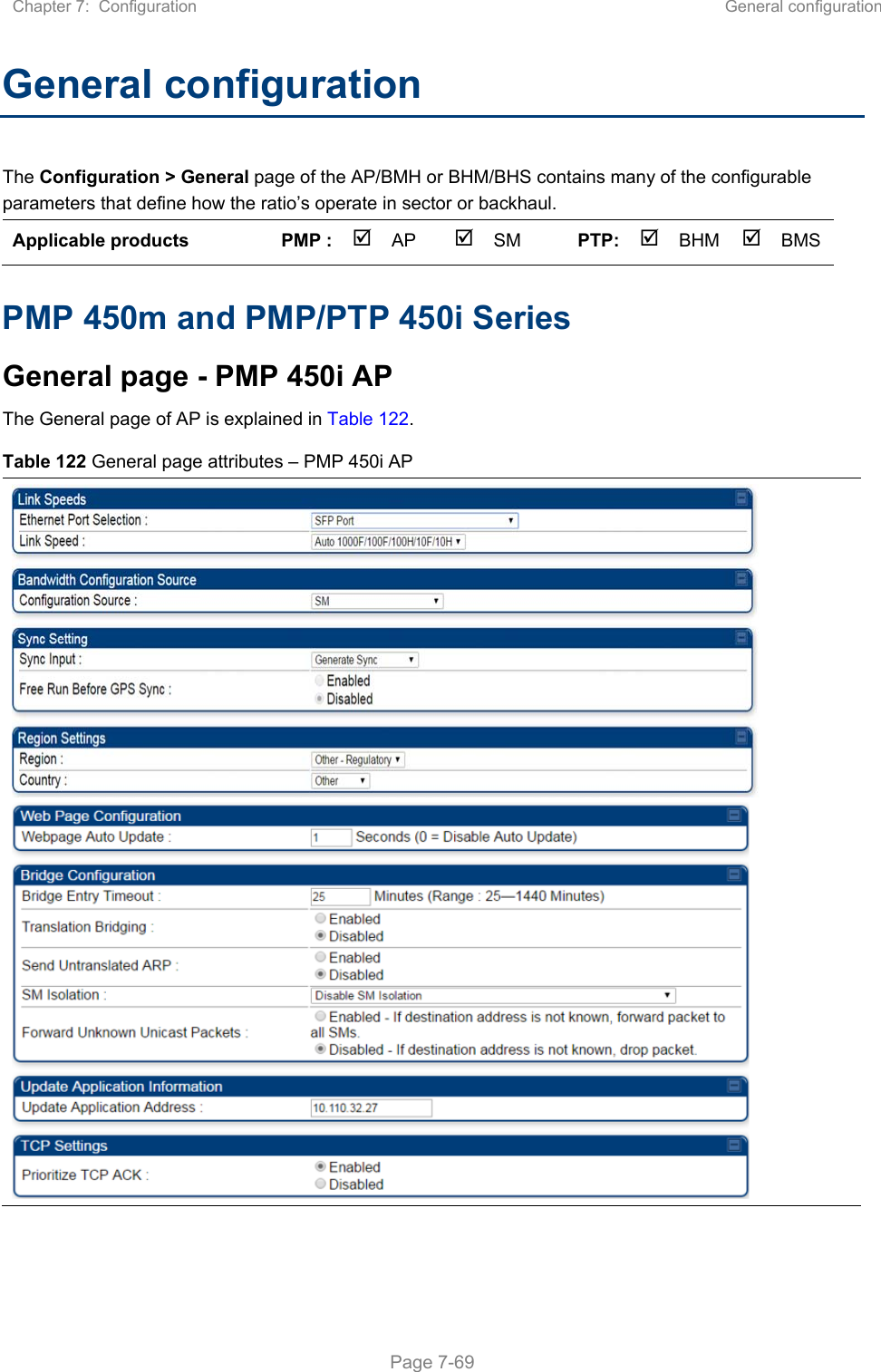 Chapter 7:  Configuration  General configuration   Page 7-69 General configuration The Configuration &gt; General page of the AP/BMH or BHM/BHS contains many of the configurable parameters that define how the ratio’s operate in sector or backhaul. Applicable products  PMP : AP SM PTP:BHM  BMS PMP 450m and PMP/PTP 450i Series General page - PMP 450i AP  The General page of AP is explained in Table 122.  Table 122 General page attributes – PMP 450i AP    