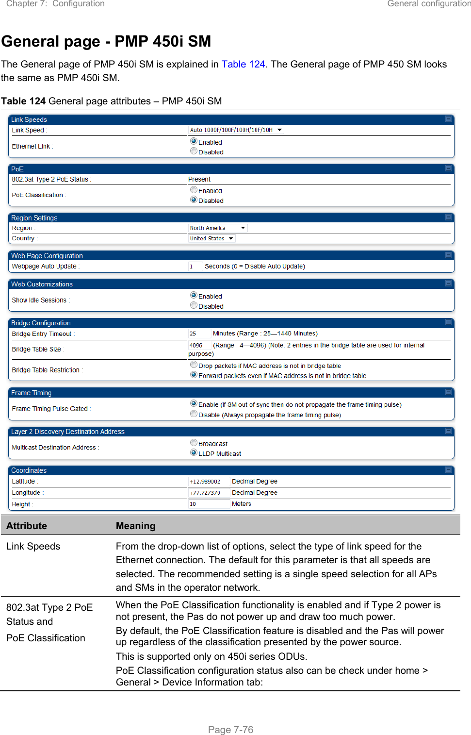 Chapter 7:  Configuration  General configuration   Page 7-76 General page - PMP 450i SM The General page of PMP 450i SM is explained in Table 124. The General page of PMP 450 SM looks the same as PMP 450i SM. Table 124 General page attributes – PMP 450i SM Attribute  Meaning Link Speeds  From the drop-down list of options, select the type of link speed for the Ethernet connection. The default for this parameter is that all speeds are selected. The recommended setting is a single speed selection for all APs and SMs in the operator network. 802.3at Type 2 PoE Status and PoE Classification   When the PoE Classification functionality is enabled and if Type 2 power is not present, the Pas do not power up and draw too much power. By default, the PoE Classification feature is disabled and the Pas will power up regardless of the classification presented by the power source. This is supported only on 450i series ODUs. PoE Classification configuration status also can be check under home &gt; General &gt; Device Information tab: 