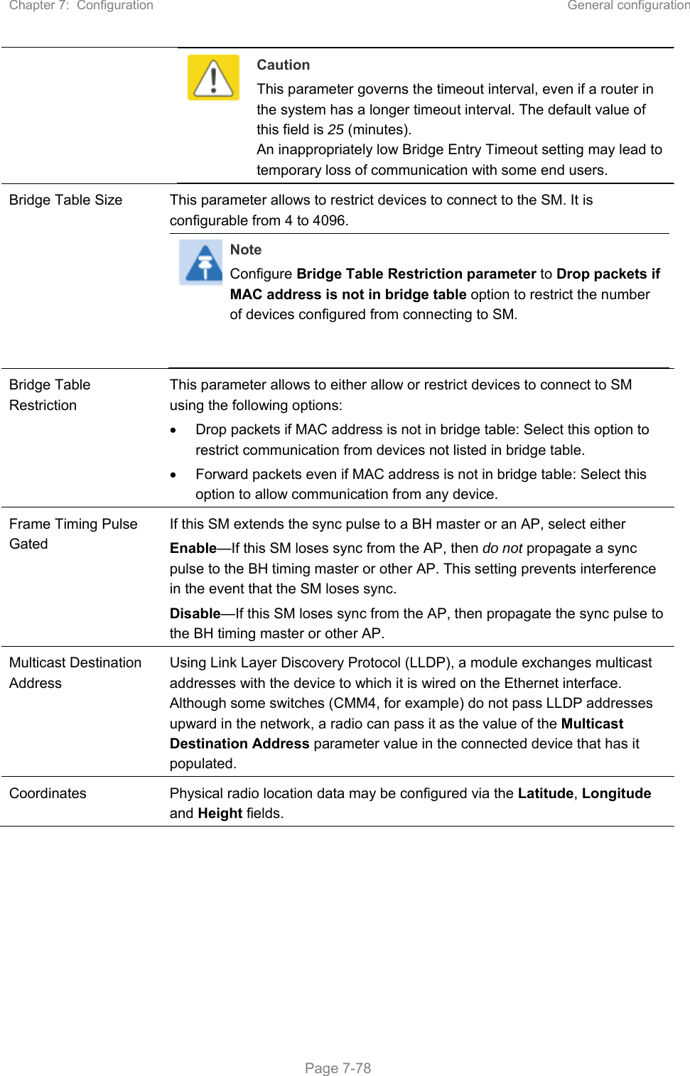 Chapter 7:  Configuration  General configuration   Page 7-78  Caution This parameter governs the timeout interval, even if a router in the system has a longer timeout interval. The default value of this field is 25 (minutes). An inappropriately low Bridge Entry Timeout setting may lead to temporary loss of communication with some end users. Bridge Table Size  This parameter allows to restrict devices to connect to the SM. It is configurable from 4 to 4096. Note Configure Bridge Table Restriction parameter to Drop packets if MAC address is not in bridge table option to restrict the number of devices configured from connecting to SM. Bridge Table Restriction This parameter allows to either allow or restrict devices to connect to SM using the following options:   Drop packets if MAC address is not in bridge table: Select this option to restrict communication from devices not listed in bridge table.   Forward packets even if MAC address is not in bridge table: Select this option to allow communication from any device. Frame Timing Pulse Gated  If this SM extends the sync pulse to a BH master or an AP, select either Enable—If this SM loses sync from the AP, then do not propagate a sync pulse to the BH timing master or other AP. This setting prevents interference in the event that the SM loses sync. Disable—If this SM loses sync from the AP, then propagate the sync pulse to the BH timing master or other AP. Multicast Destination Address  Using Link Layer Discovery Protocol (LLDP), a module exchanges multicast addresses with the device to which it is wired on the Ethernet interface. Although some switches (CMM4, for example) do not pass LLDP addresses upward in the network, a radio can pass it as the value of the Multicast Destination Address parameter value in the connected device that has it populated.  Coordinates  Physical radio location data may be configured via the Latitude, Longitude and Height fields. 