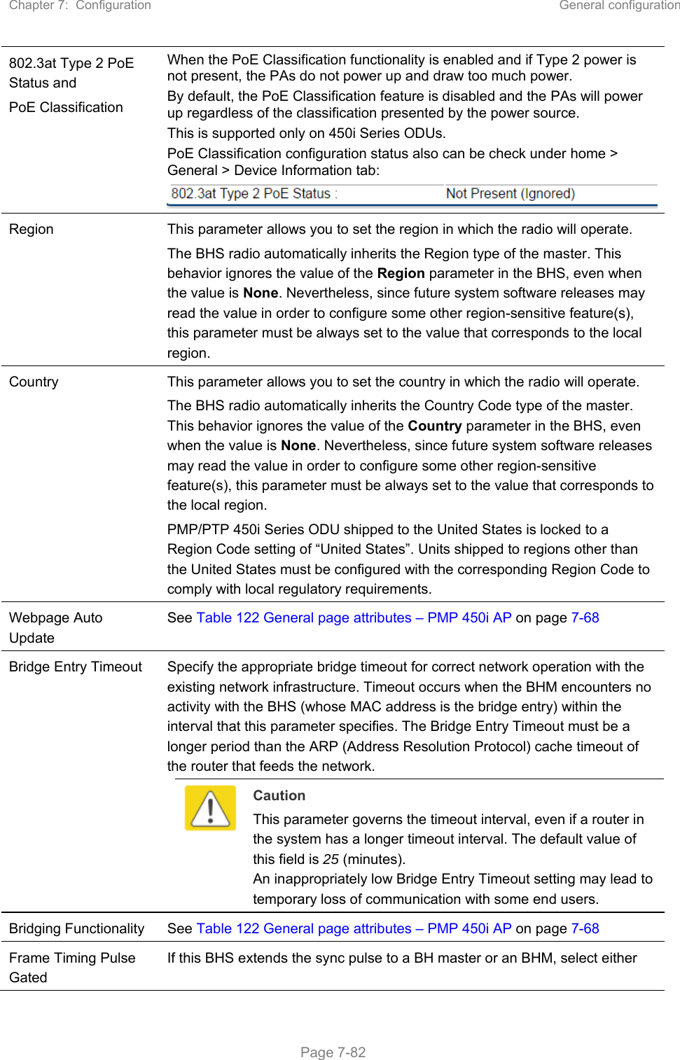 Chapter 7:  Configuration  General configuration   Page 7-82 802.3at Type 2 PoE Status and PoE Classification   When the PoE Classification functionality is enabled and if Type 2 power is not present, the PAs do not power up and draw too much power. By default, the PoE Classification feature is disabled and the PAs will power up regardless of the classification presented by the power source. This is supported only on 450i Series ODUs. PoE Classification configuration status also can be check under home &gt; General &gt; Device Information tab: Region  This parameter allows you to set the region in which the radio will operate.  The BHS radio automatically inherits the Region type of the master. This behavior ignores the value of the Region parameter in the BHS, even when the value is None. Nevertheless, since future system software releases may read the value in order to configure some other region-sensitive feature(s), this parameter must be always set to the value that corresponds to the local region. Country  This parameter allows you to set the country in which the radio will operate.  The BHS radio automatically inherits the Country Code type of the master. This behavior ignores the value of the Country parameter in the BHS, even when the value is None. Nevertheless, since future system software releases may read the value in order to configure some other region-sensitive feature(s), this parameter must be always set to the value that corresponds to the local region. PMP/PTP 450i Series ODU shipped to the United States is locked to a Region Code setting of “United States”. Units shipped to regions other than the United States must be configured with the corresponding Region Code to comply with local regulatory requirements. Webpage Auto Update See Table 122 General page attributes – PMP 450i AP on page 7-68 Bridge Entry Timeout  Specify the appropriate bridge timeout for correct network operation with the existing network infrastructure. Timeout occurs when the BHM encounters no activity with the BHS (whose MAC address is the bridge entry) within the interval that this parameter specifies. The Bridge Entry Timeout must be a longer period than the ARP (Address Resolution Protocol) cache timeout of the router that feeds the network.  Caution This parameter governs the timeout interval, even if a router in the system has a longer timeout interval. The default value of this field is 25 (minutes). An inappropriately low Bridge Entry Timeout setting may lead to temporary loss of communication with some end users. Bridging Functionality  See Table 122 General page attributes – PMP 450i AP on page 7-68 Frame Timing Pulse Gated If this BHS extends the sync pulse to a BH master or an BHM, select either 