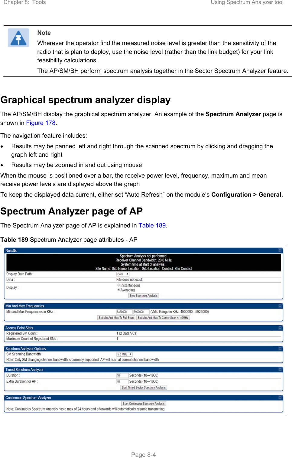 Chapter 8:  Tools  Using Spectrum Analyzer tool   Page 8-4  Note Wherever the operator find the measured noise level is greater than the sensitivity of the radio that is plan to deploy, use the noise level (rather than the link budget) for your link feasibility calculations. The AP/SM/BH perform spectrum analysis together in the Sector Spectrum Analyzer feature.  Graphical spectrum analyzer display The AP/SM/BH display the graphical spectrum analyzer. An example of the Spectrum Analyzer page is shown in Figure 178. The navigation feature includes:   Results may be panned left and right through the scanned spectrum by clicking and dragging the graph left and right   Results may be zoomed in and out using mouse When the mouse is positioned over a bar, the receive power level, frequency, maximum and mean receive power levels are displayed above the graph To keep the displayed data current, either set “Auto Refresh” on the module’s Configuration &gt; General. Spectrum Analyzer page of AP The Spectrum Analyzer page of AP is explained in Table 189. Table 189 Spectrum Analyzer page attributes - AP 