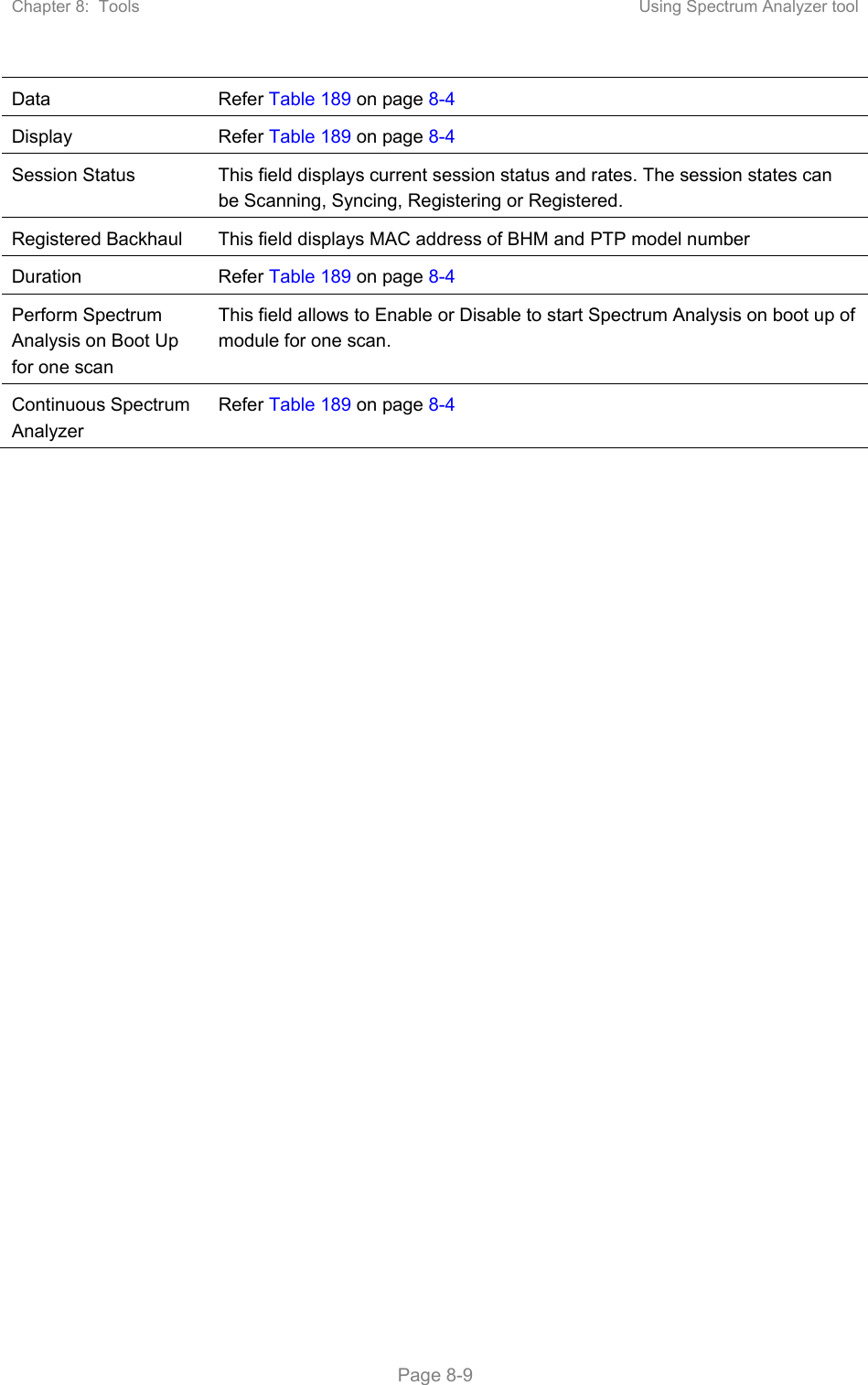 Chapter 8:  Tools  Using Spectrum Analyzer tool   Page 8-9 Data  Refer Table 189 on page 8-4 Display  Refer Table 189 on page 8-4 Session Status  This field displays current session status and rates. The session states can be Scanning, Syncing, Registering or Registered.  Registered Backhaul  This field displays MAC address of BHM and PTP model number Duration   Refer Table 189 on page 8-4 Perform Spectrum Analysis on Boot Up for one scan This field allows to Enable or Disable to start Spectrum Analysis on boot up of module for one scan. Continuous Spectrum Analyzer Refer Table 189 on page 8-4  