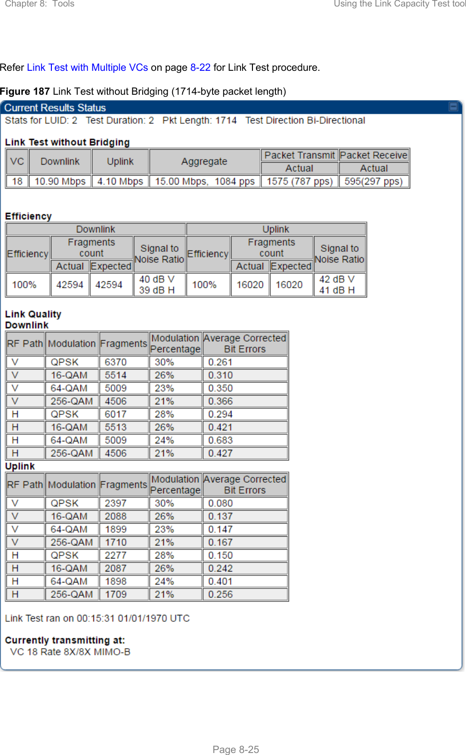 Chapter 8:  Tools  Using the Link Capacity Test tool   Page 8-25  Refer Link Test with Multiple VCs on page 8-22 for Link Test procedure. Figure 187 Link Test without Bridging (1714-byte packet length)    