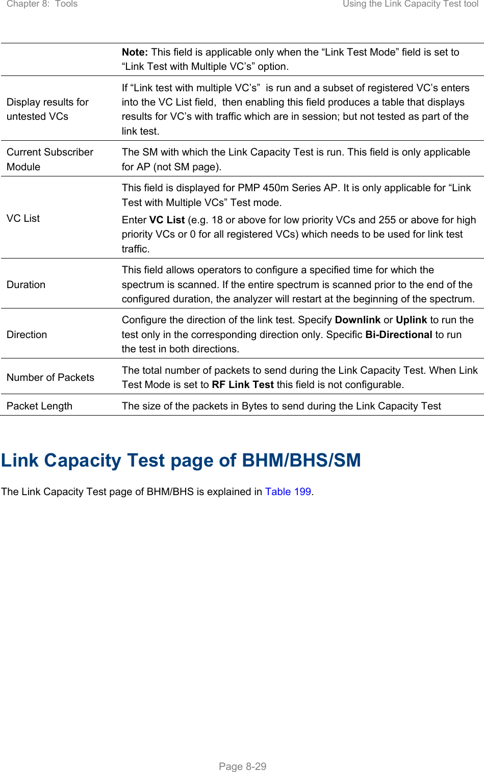 Chapter 8:  Tools  Using the Link Capacity Test tool   Page 8-29 Note: This field is applicable only when the “Link Test Mode” field is set to “Link Test with Multiple VC’s” option. Display results for untested VCs If “Link test with multiple VC’s”  is run and a subset of registered VC’s enters into the VC List field,  then enabling this field produces a table that displays results for VC’s with traffic which are in session; but not tested as part of the link test. Current Subscriber Module The SM with which the Link Capacity Test is run. This field is only applicable for AP (not SM page). VC List This field is displayed for PMP 450m Series AP. It is only applicable for “Link Test with Multiple VCs” Test mode. Enter VC List (e.g. 18 or above for low priority VCs and 255 or above for high priority VCs or 0 for all registered VCs) which needs to be used for link test traffic. Duration This field allows operators to configure a specified time for which the spectrum is scanned. If the entire spectrum is scanned prior to the end of the configured duration, the analyzer will restart at the beginning of the spectrum. Direction Configure the direction of the link test. Specify Downlink or Uplink to run the test only in the corresponding direction only. Specific Bi-Directional to run the test in both directions. Number of Packets  The total number of packets to send during the Link Capacity Test. When Link Test Mode is set to RF Link Test this field is not configurable. Packet Length  The size of the packets in Bytes to send during the Link Capacity Test  Link Capacity Test page of BHM/BHS/SM The Link Capacity Test page of BHM/BHS is explained in Table 199. 