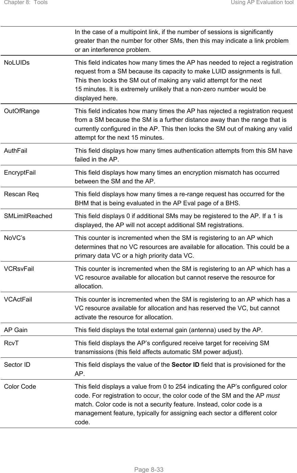 Chapter 8:  Tools  Using AP Evaluation tool   Page 8-33 In the case of a multipoint link, if the number of sessions is significantly greater than the number for other SMs, then this may indicate a link problem or an interference problem. NoLUIDs  This field indicates how many times the AP has needed to reject a registration request from a SM because its capacity to make LUID assignments is full. This then locks the SM out of making any valid attempt for the next 15 minutes. It is extremely unlikely that a non-zero number would be displayed here. OutOfRange  This field indicates how many times the AP has rejected a registration request from a SM because the SM is a further distance away than the range that is currently configured in the AP. This then locks the SM out of making any valid attempt for the next 15 minutes. AuthFail  This field displays how many times authentication attempts from this SM have failed in the AP. EncryptFail  This field displays how many times an encryption mismatch has occurred between the SM and the AP. Rescan Req  This field displays how many times a re-range request has occurred for the BHM that is being evaluated in the AP Eval page of a BHS. SMLimitReached  This field displays 0 if additional SMs may be registered to the AP. If a 1 is displayed, the AP will not accept additional SM registrations. NoVC’s  This counter is incremented when the SM is registering to an AP which determines that no VC resources are available for allocation. This could be a primary data VC or a high priority data VC. VCRsvFail  This counter is incremented when the SM is registering to an AP which has a VC resource available for allocation but cannot reserve the resource for allocation. VCActFail  This counter is incremented when the SM is registering to an AP which has a VC resource available for allocation and has reserved the VC, but cannot activate the resource for allocation. AP Gain  This field displays the total external gain (antenna) used by the AP. RcvT  This field displays the AP’s configured receive target for receiving SM transmissions (this field affects automatic SM power adjust). Sector ID  This field displays the value of the Sector ID field that is provisioned for the AP. Color Code  This field displays a value from 0 to 254 indicating the AP’s configured color code. For registration to occur, the color code of the SM and the AP must match. Color code is not a security feature. Instead, color code is a management feature, typically for assigning each sector a different color code.  