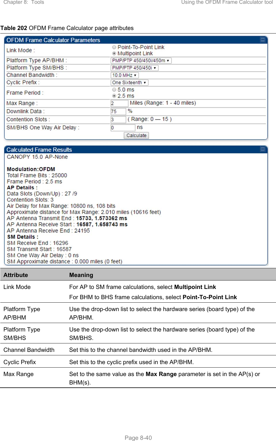 Chapter 8:  Tools  Using the OFDM Frame Calculator tool   Page 8-40 Table 202 OFDM Frame Calculator page attributes  Attribute  Meaning Link Mode  For AP to SM frame calculations, select Multipoint Link For BHM to BHS frame calculations, select Point-To-Point Link Platform Type AP/BHM Use the drop-down list to select the hardware series (board type) of the AP/BHM. Platform Type SM/BHS Use the drop-down list to select the hardware series (board type) of the SM/BHS. Channel Bandwidth  Set this to the channel bandwidth used in the AP/BHM. Cyclic Prefix  Set this to the cyclic prefix used in the AP/BHM. Max Range  Set to the same value as the Max Range parameter is set in the AP(s) or BHM(s). 